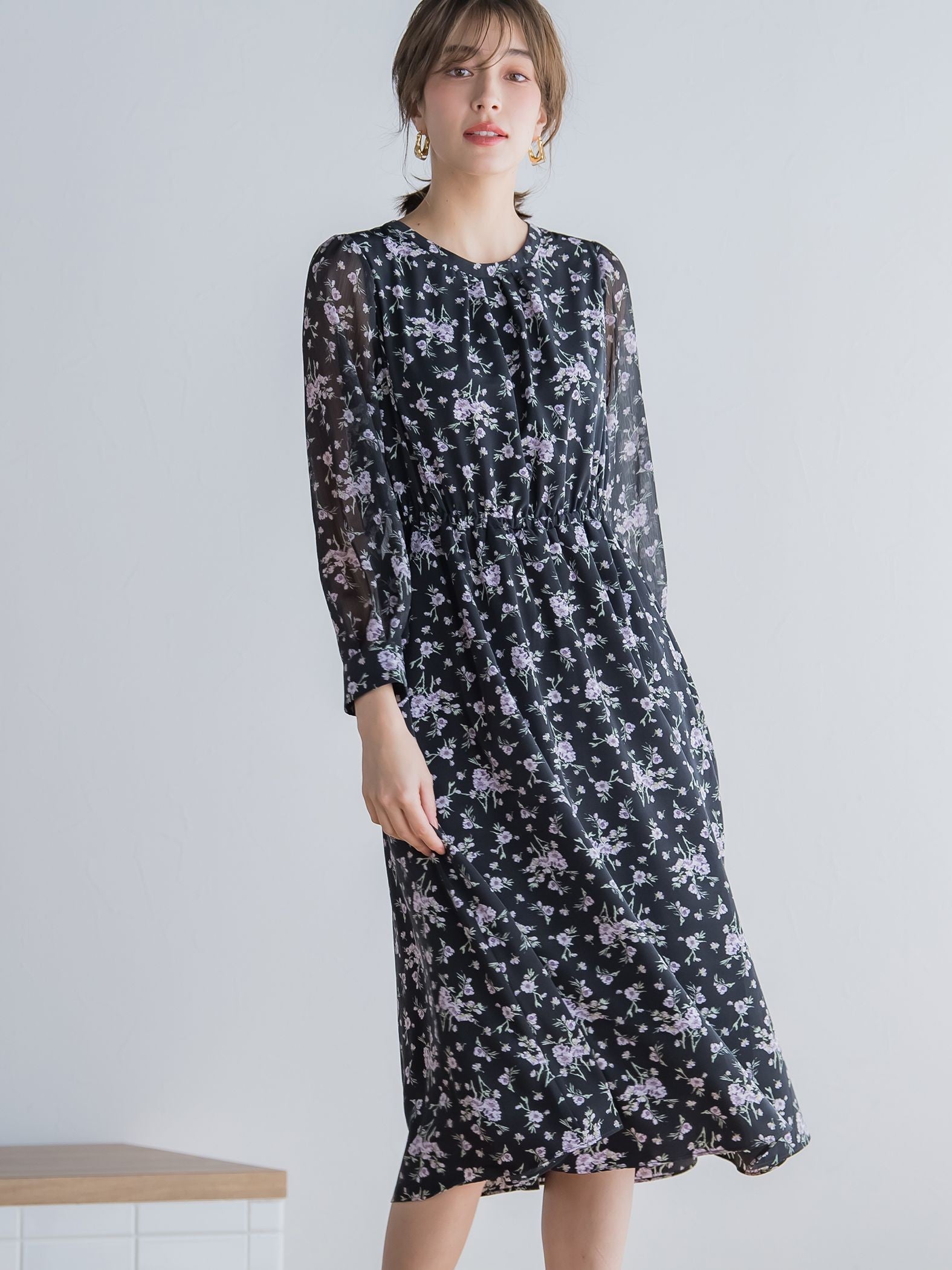 花柄シフォンワンピース ≪洗濯機で洗える≫
