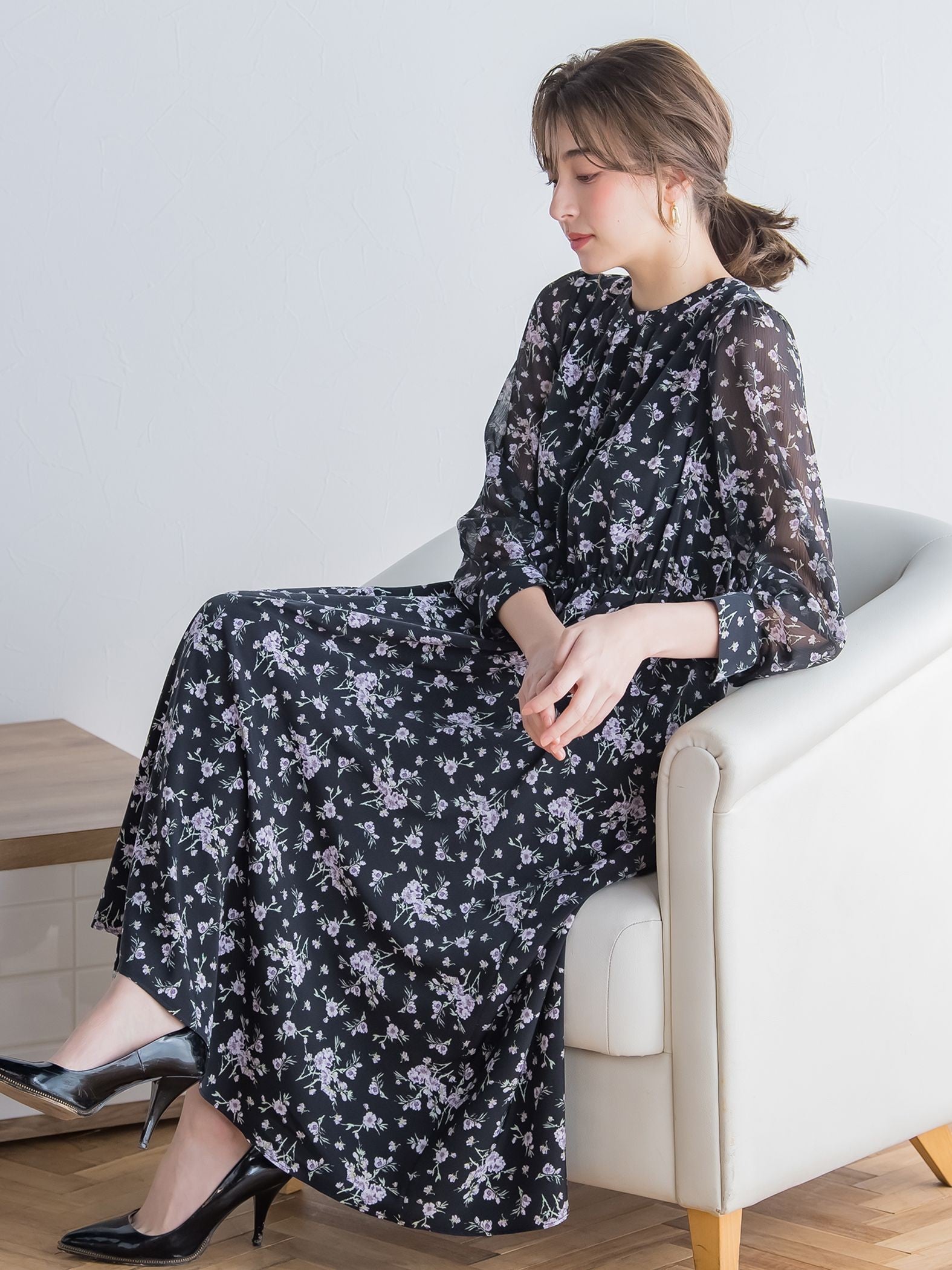 花柄シフォンワンピース ≪洗濯機で洗える≫