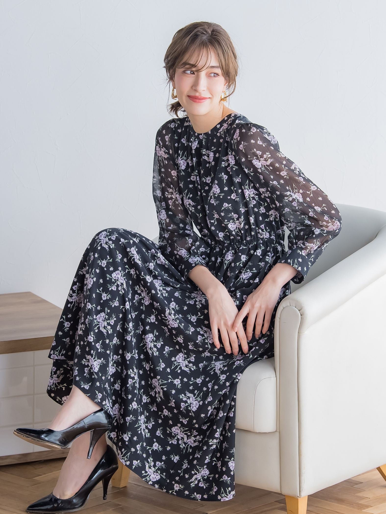 花柄シフォンワンピース ≪洗濯機で洗える≫