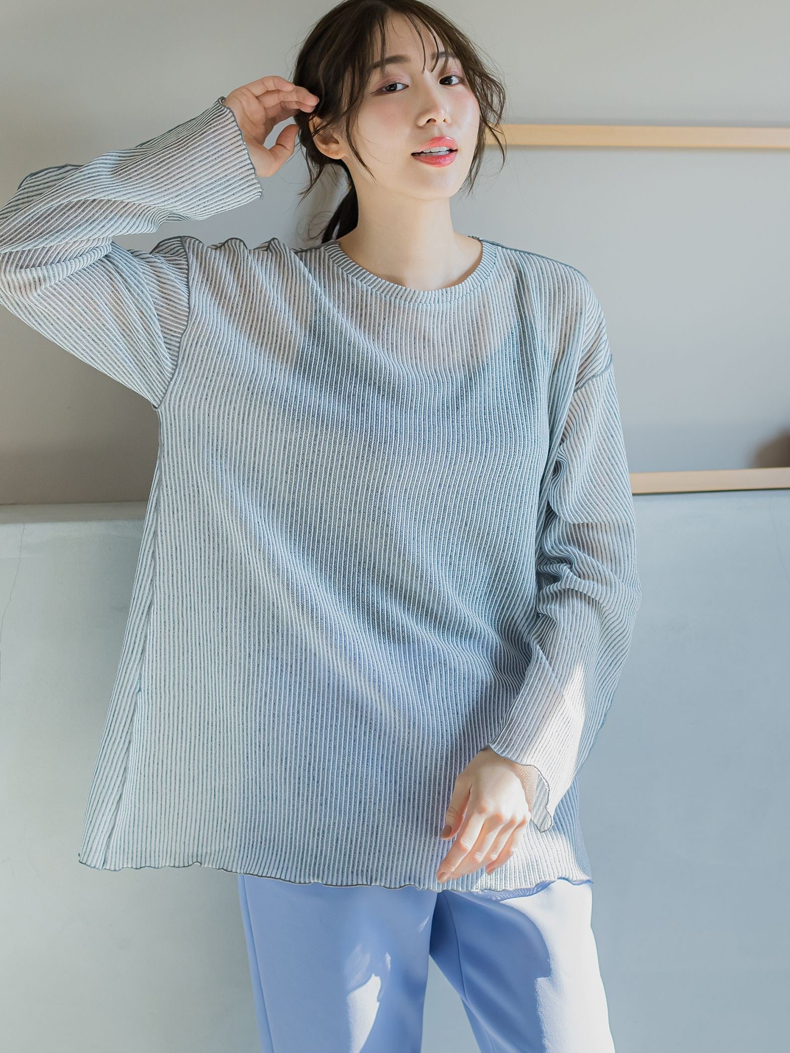 【コーディネートにこなれ感をプラス】ストライプシアーTシャツ《手洗い可能》