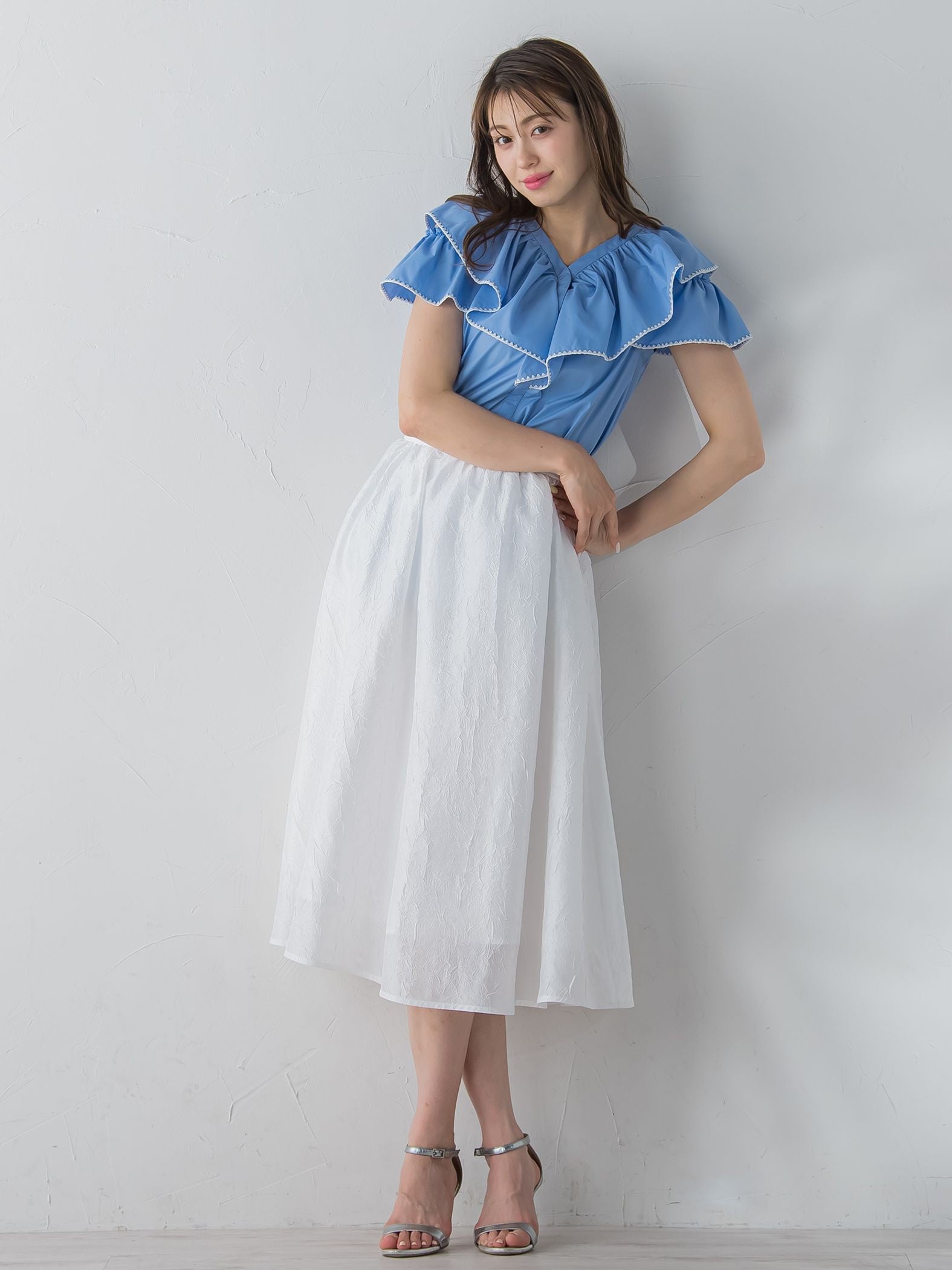 配色刺繍フリルブラウス≪手洗い可能≫