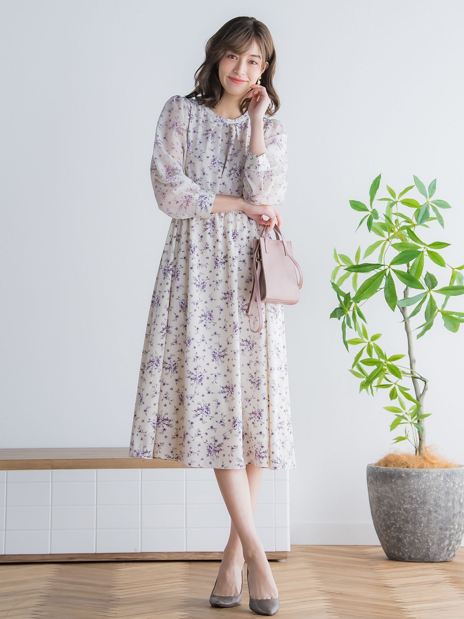 花柄シフォンワンピース ≪洗濯機で洗える≫