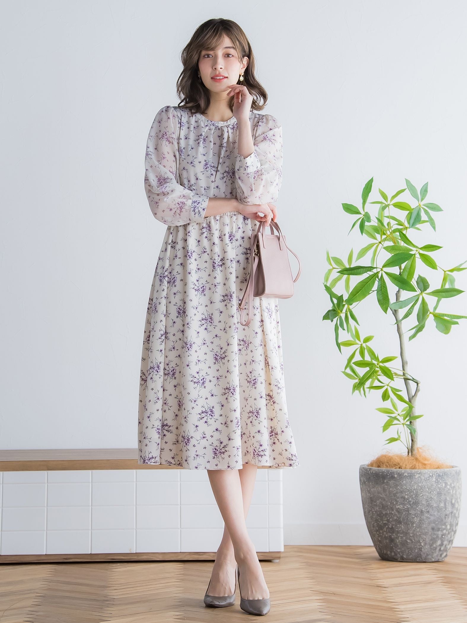 花柄シフォンワンピース ≪洗濯機で洗える≫