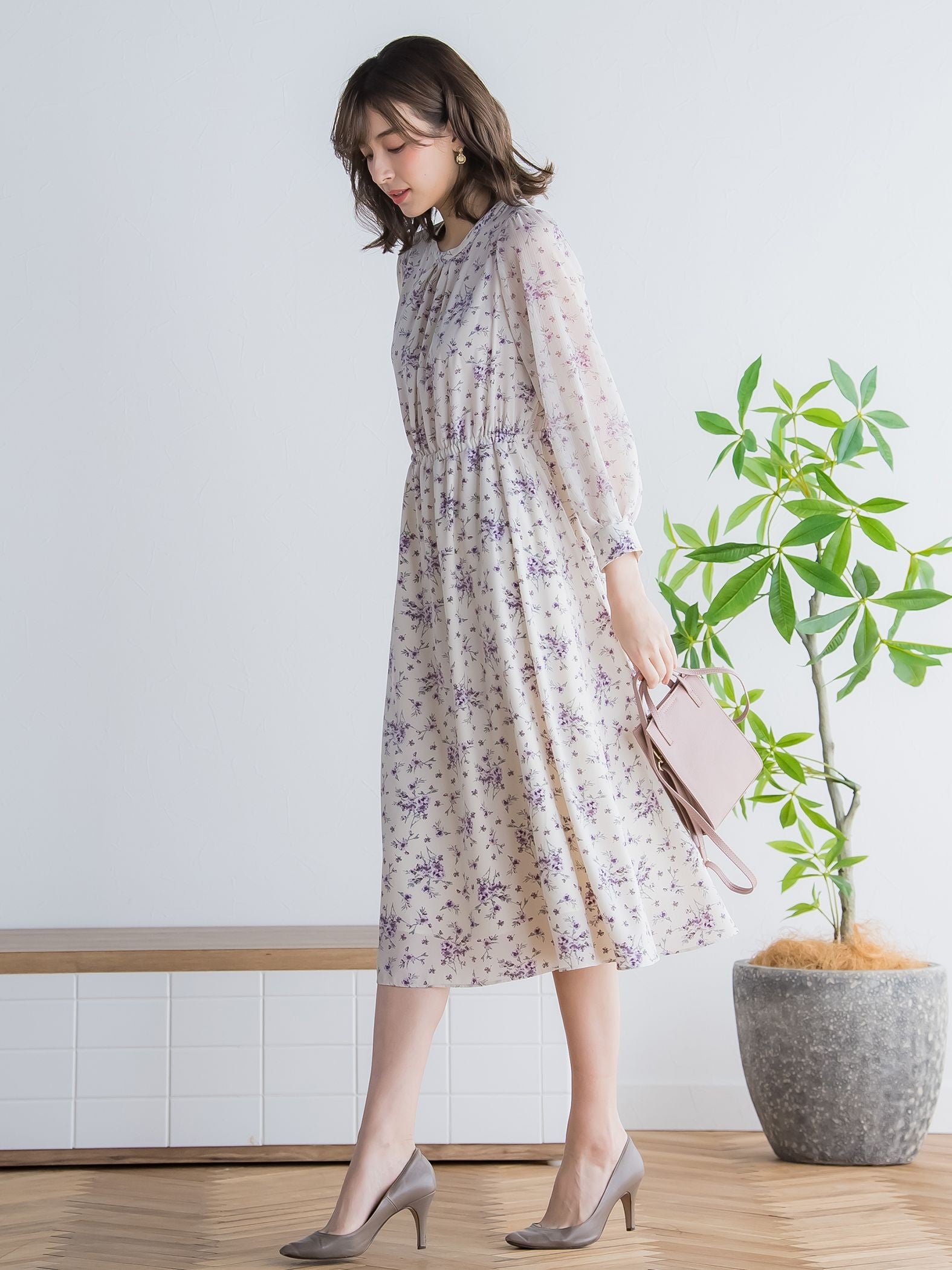 花柄シフォンワンピース ≪洗濯機で洗える≫