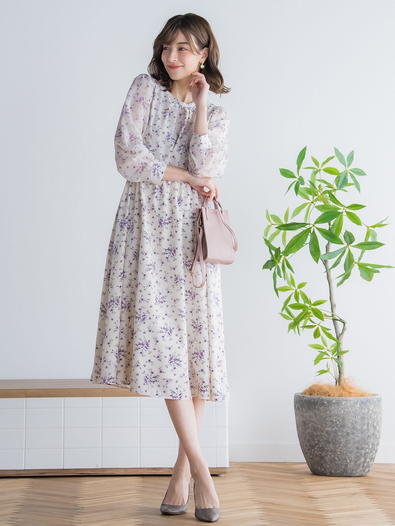 花柄シフォンワンピース ≪洗濯機で洗える≫