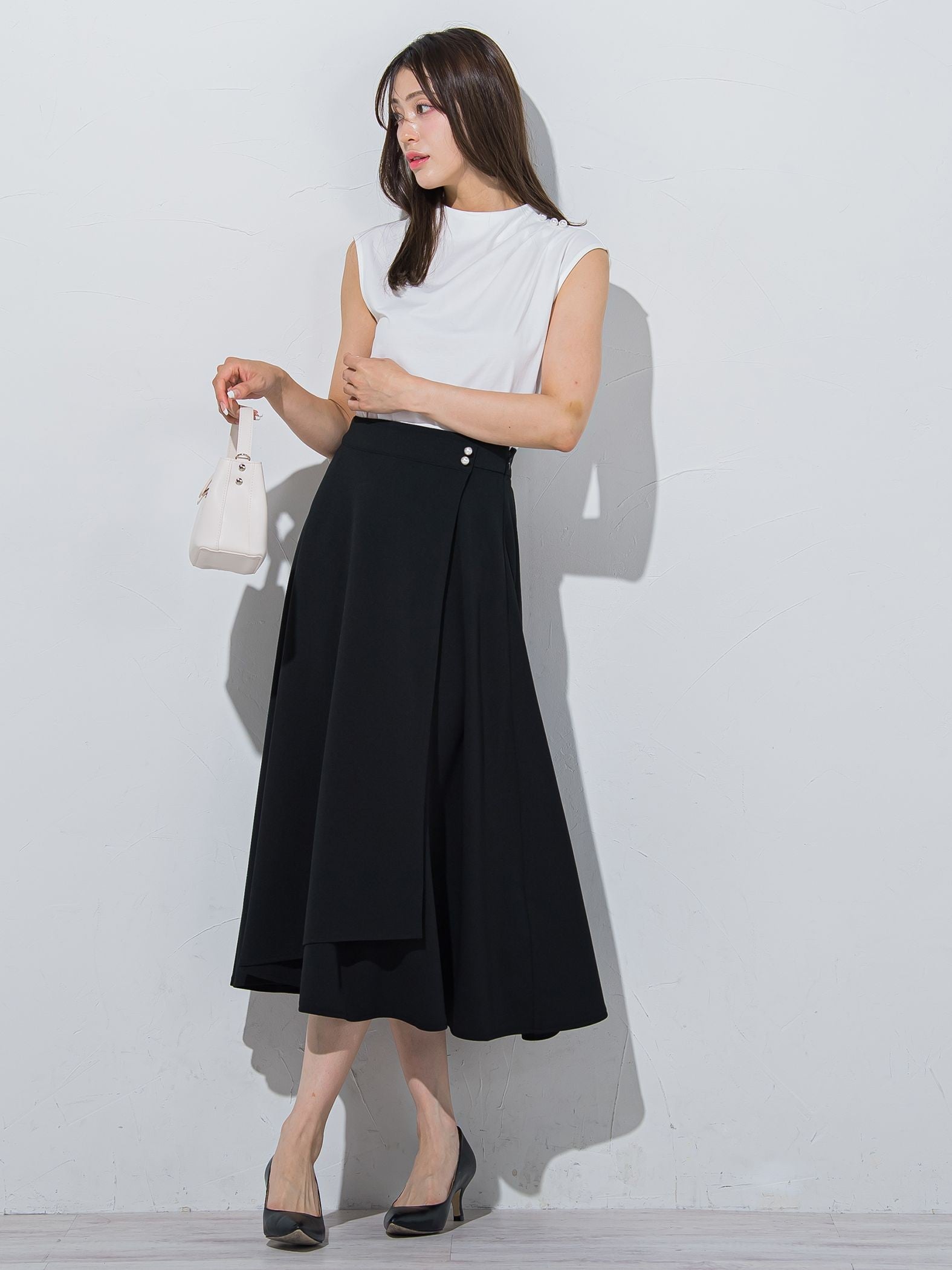パール付きラップ風スカート≪洗濯機で洗える≫