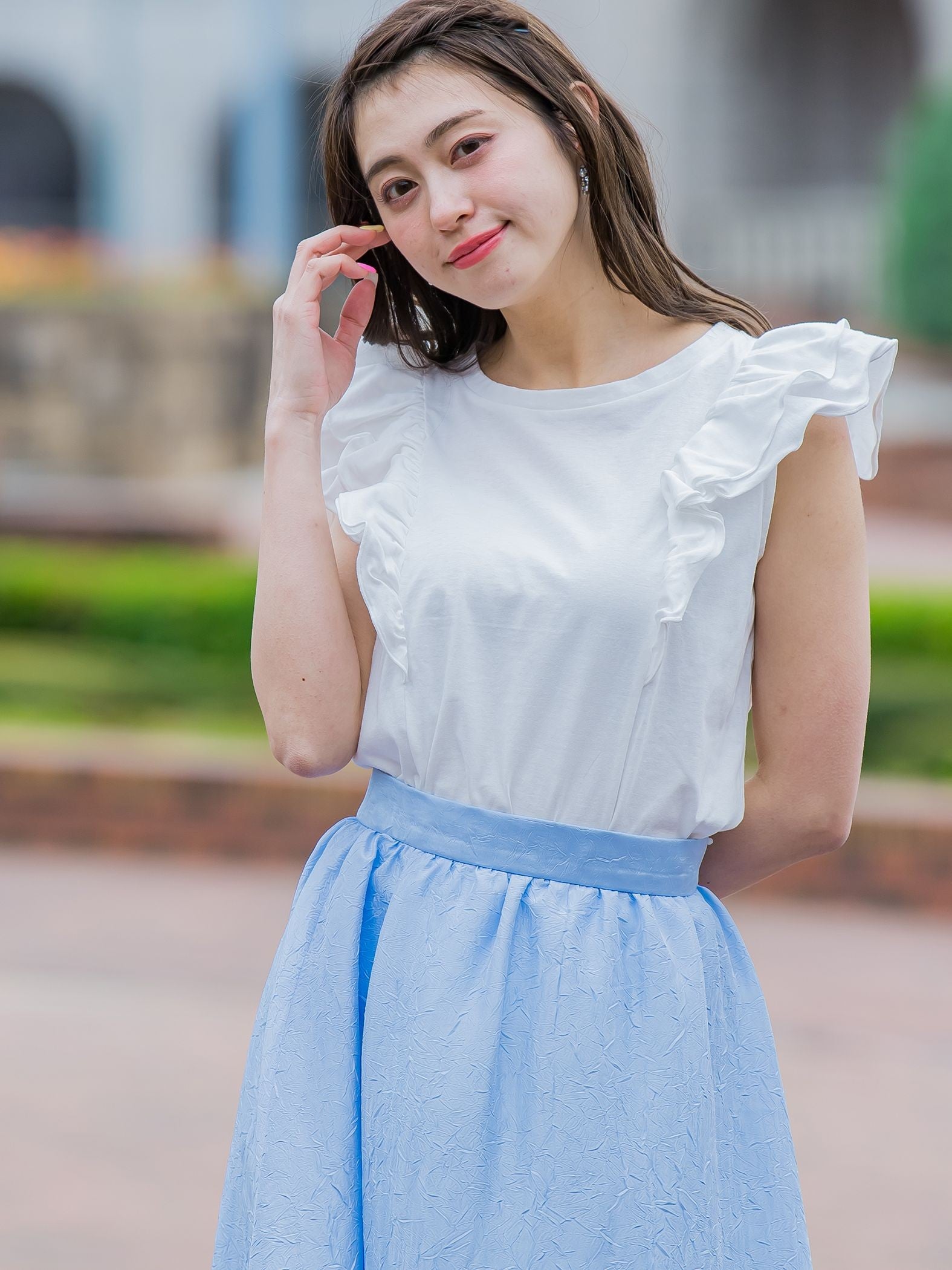 ショルダーフリルカットソー≪手洗い可能≫