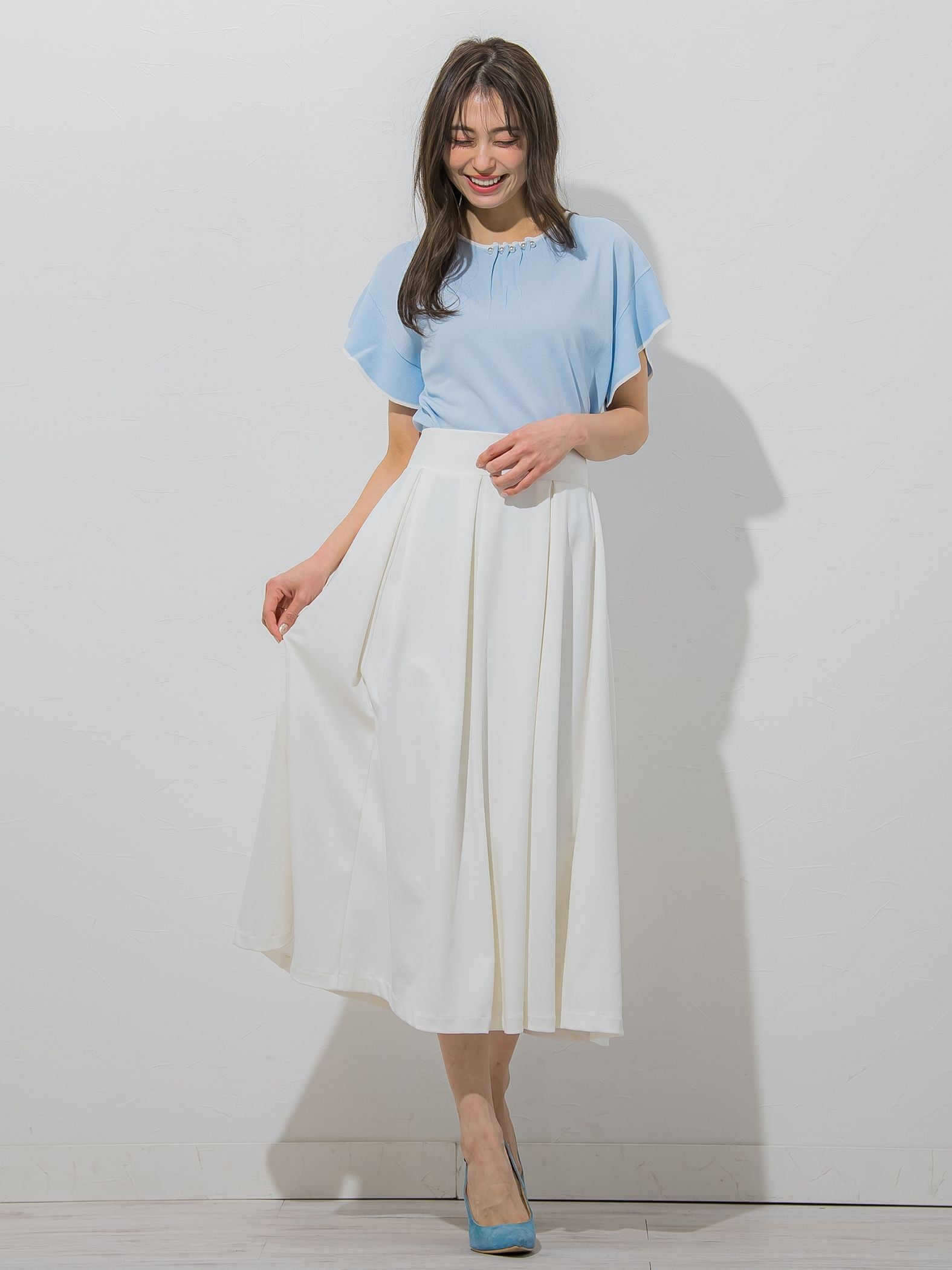 【大きいサイズ】【WEB別注】ラッフルスリーブ配色プルオーバー≪手洗い可能/接触冷感≫