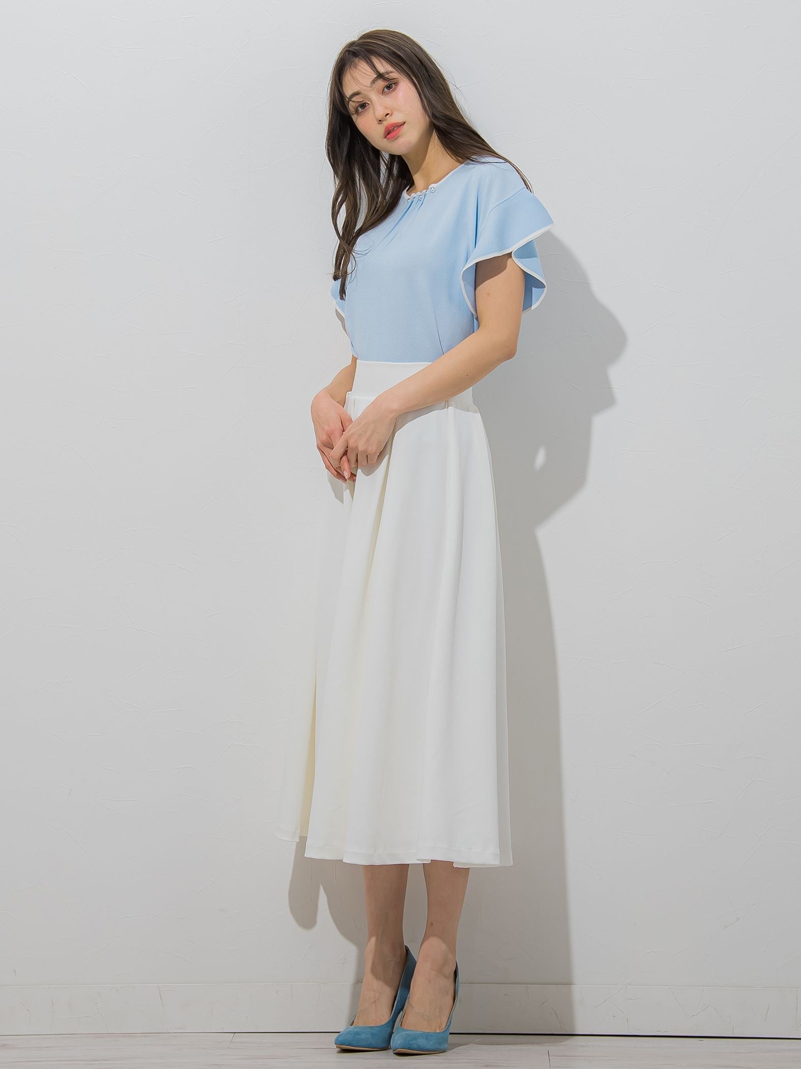 【大きいサイズ】【WEB別注】ラッフルスリーブ配色プルオーバー≪手洗い可能/接触冷感≫