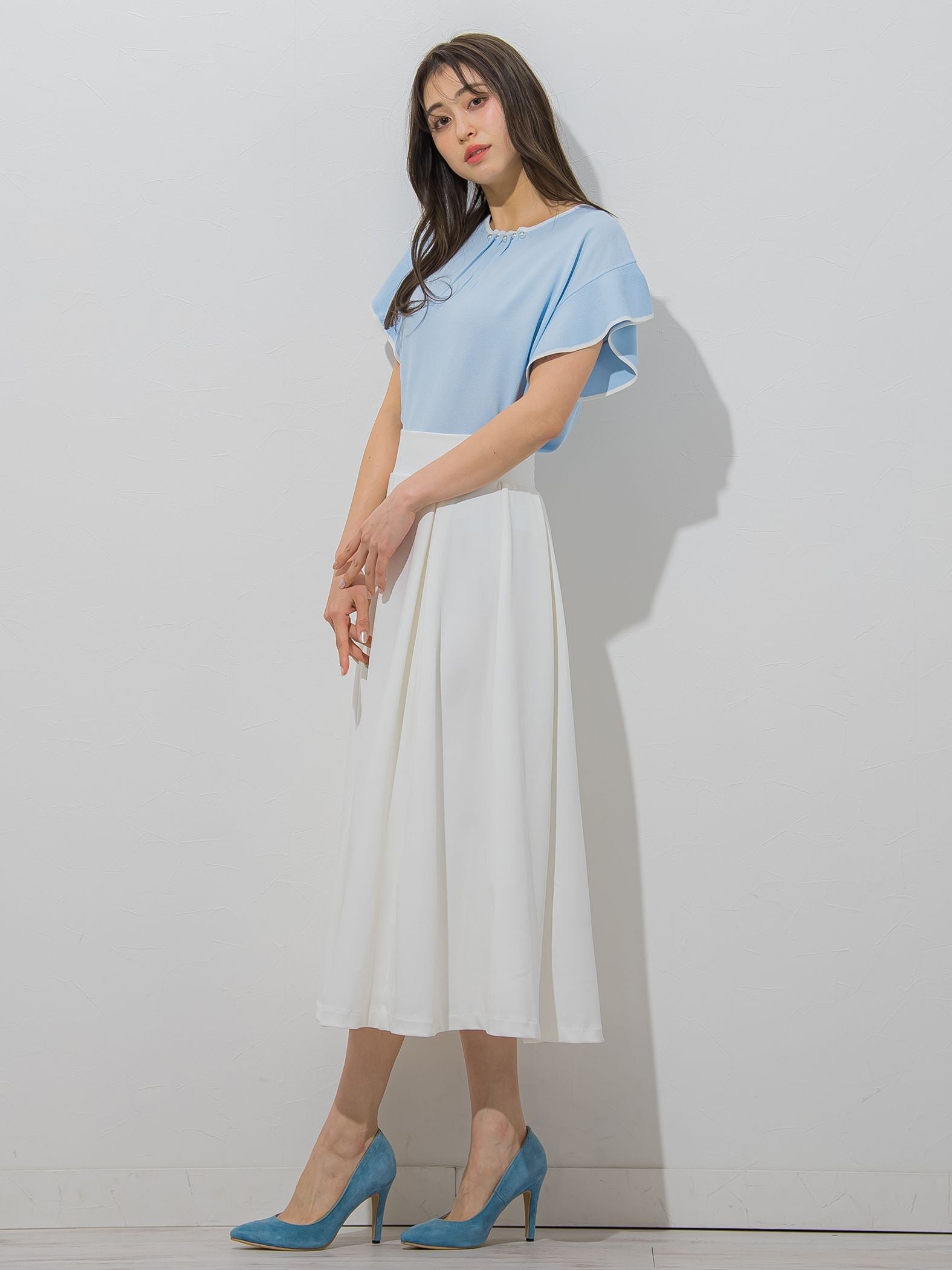 【大きいサイズ】【WEB別注】ラッフルスリーブ配色プルオーバー≪手洗い可能/接触冷感≫