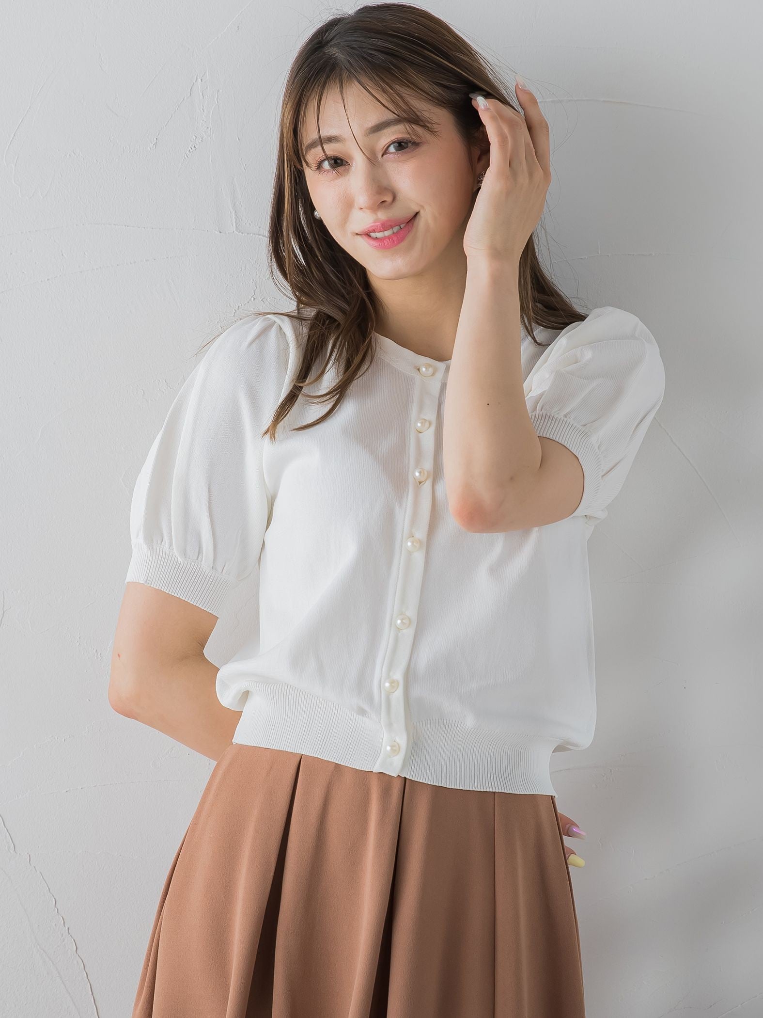 パールボタン袖ぽわんカーデ≪手洗い可能≫