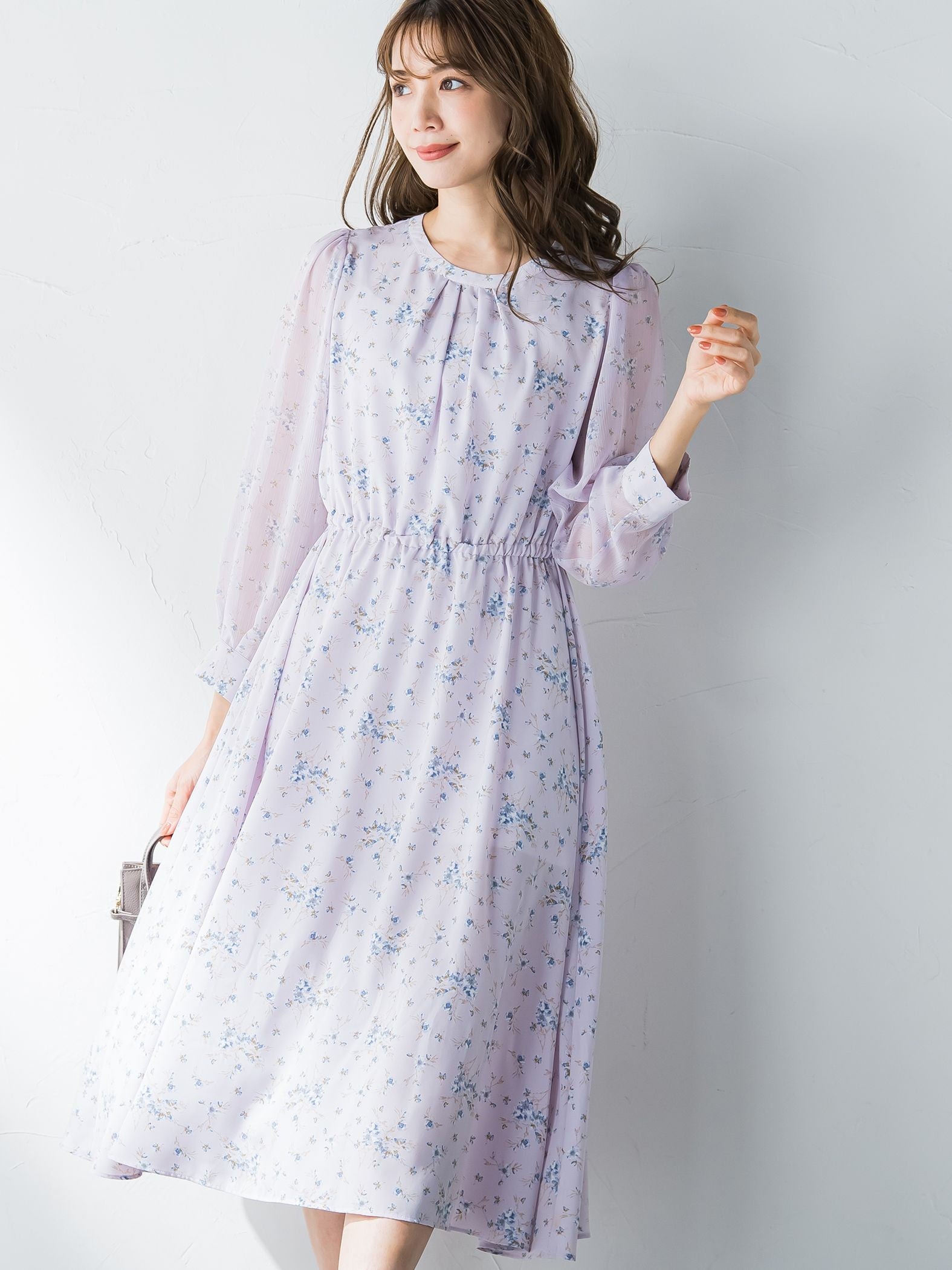 花柄シフォンワンピース ≪洗濯機で洗える≫