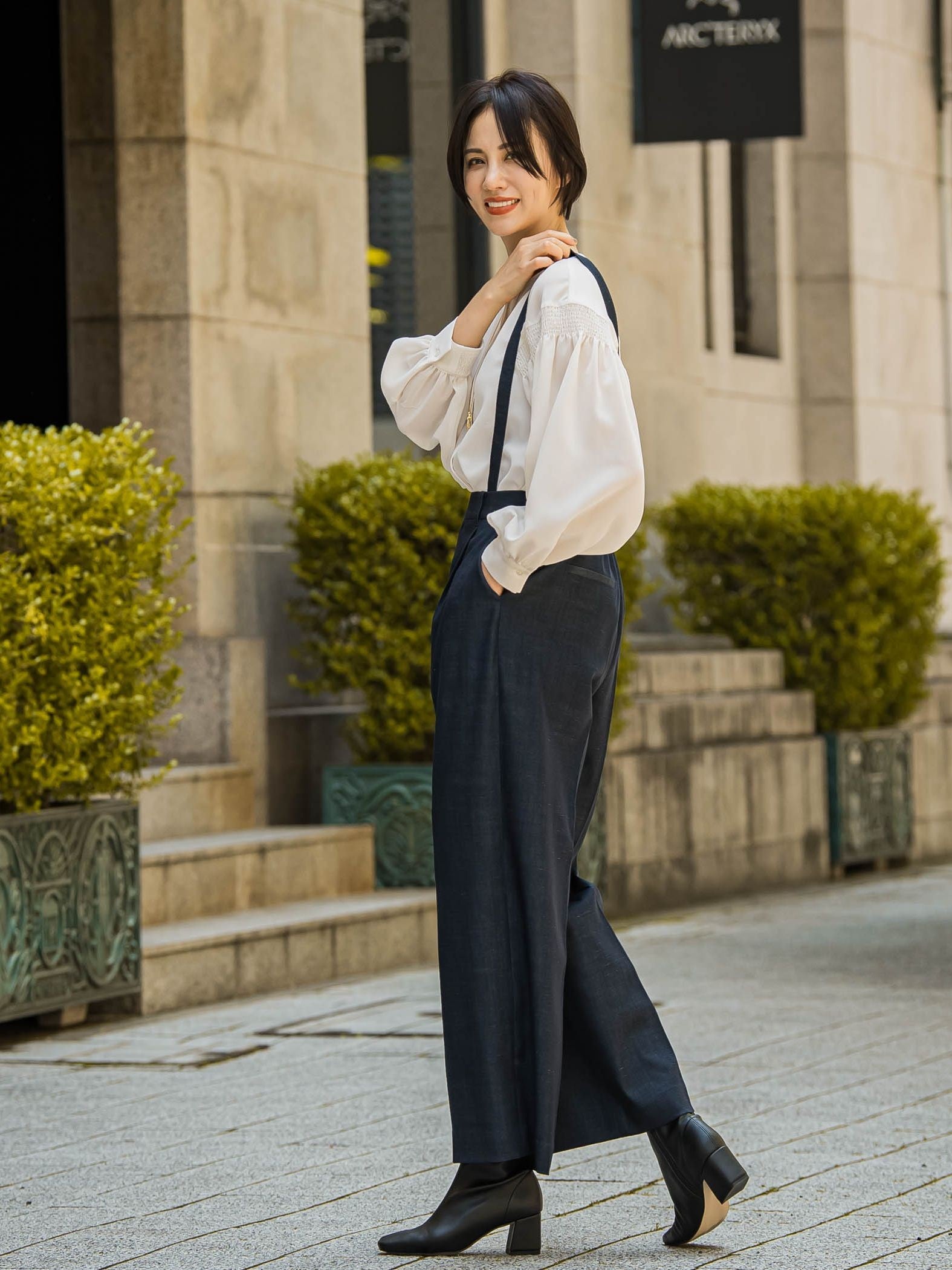 【おとなデニム】サスペンダー付きワイドパンツ≪洗える≫