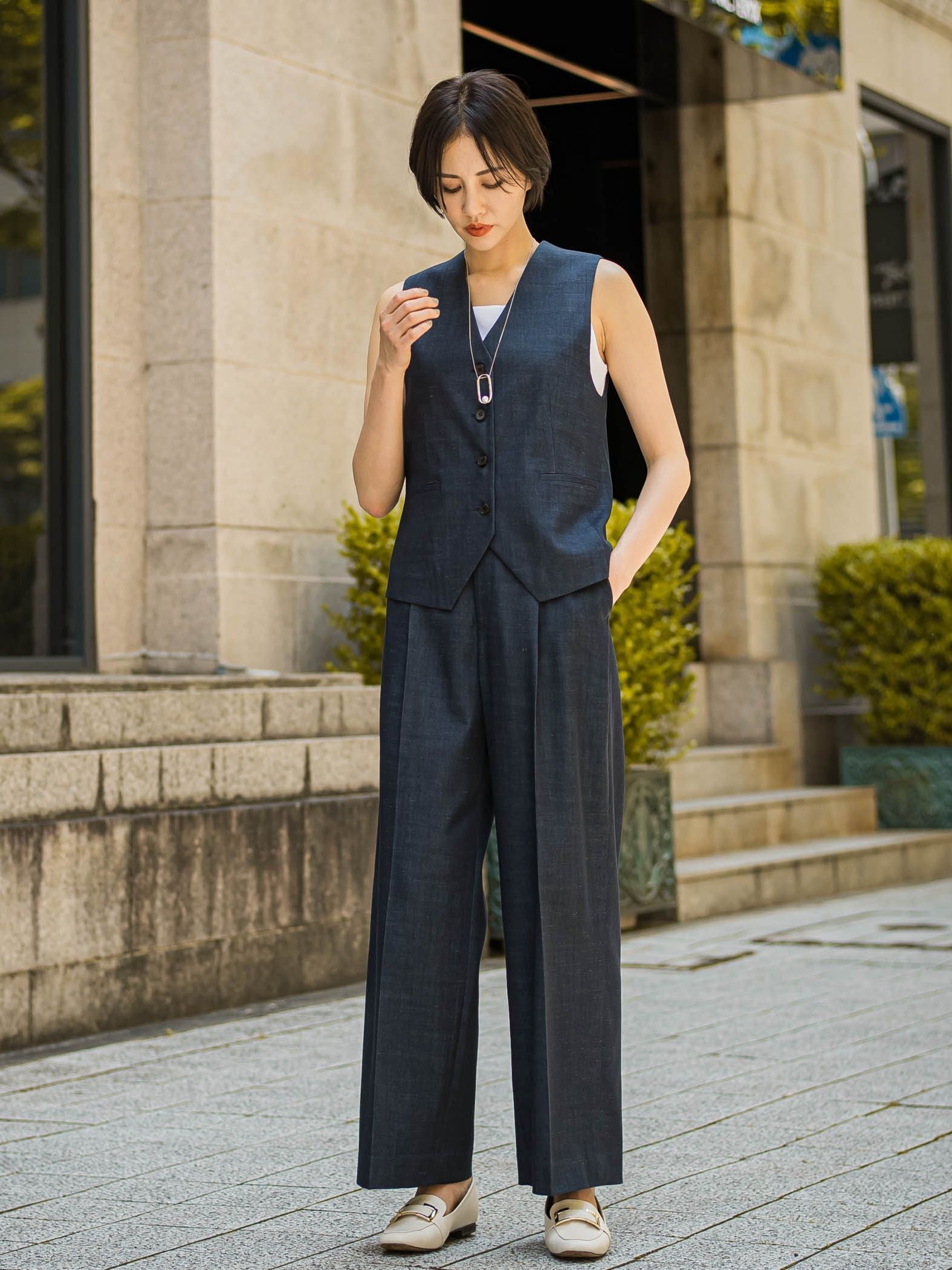 【おとなデニム】サスペンダー付きワイドパンツ≪洗える≫