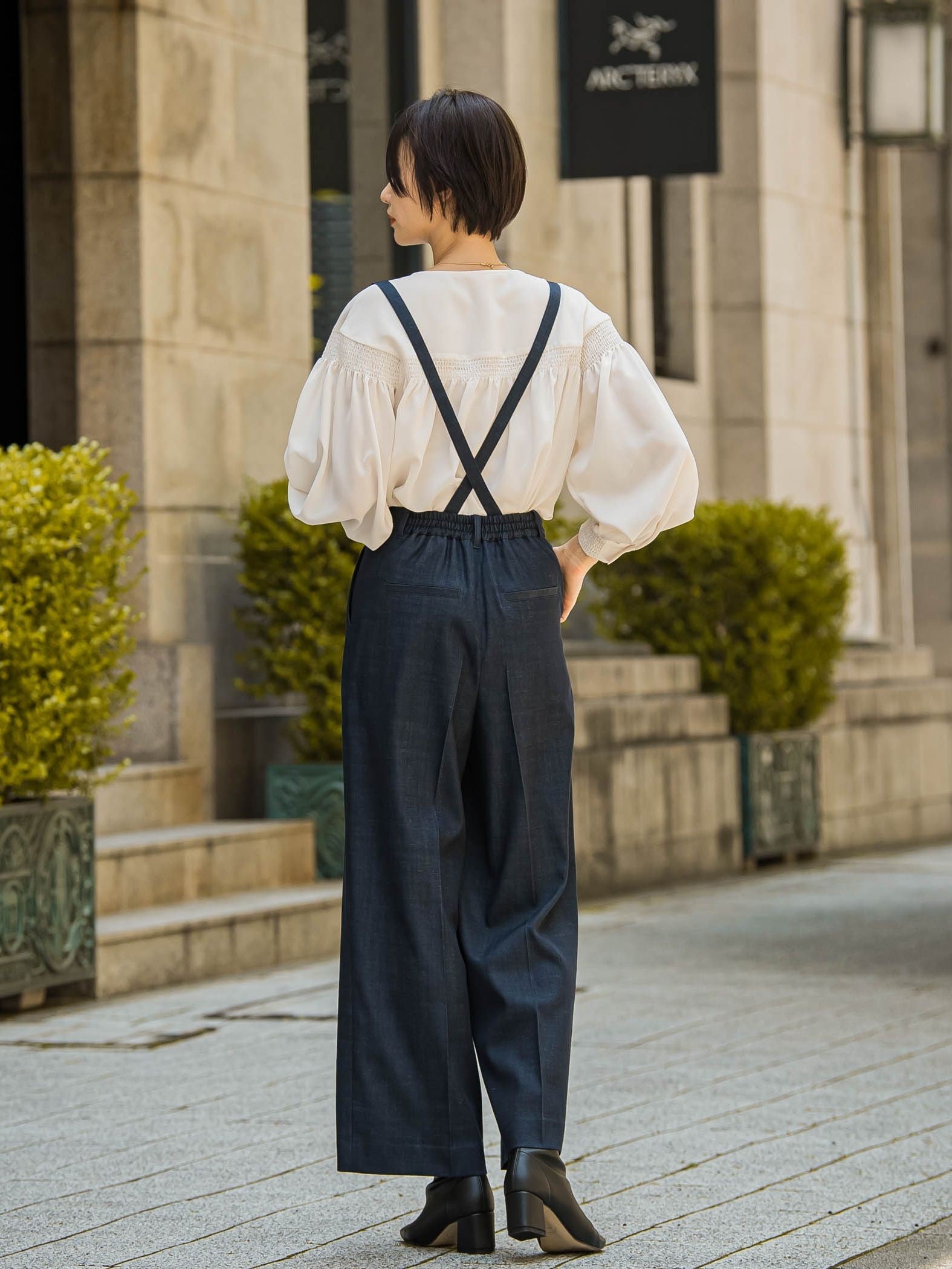 【おとなデニム】サスペンダー付きワイドパンツ≪洗える≫