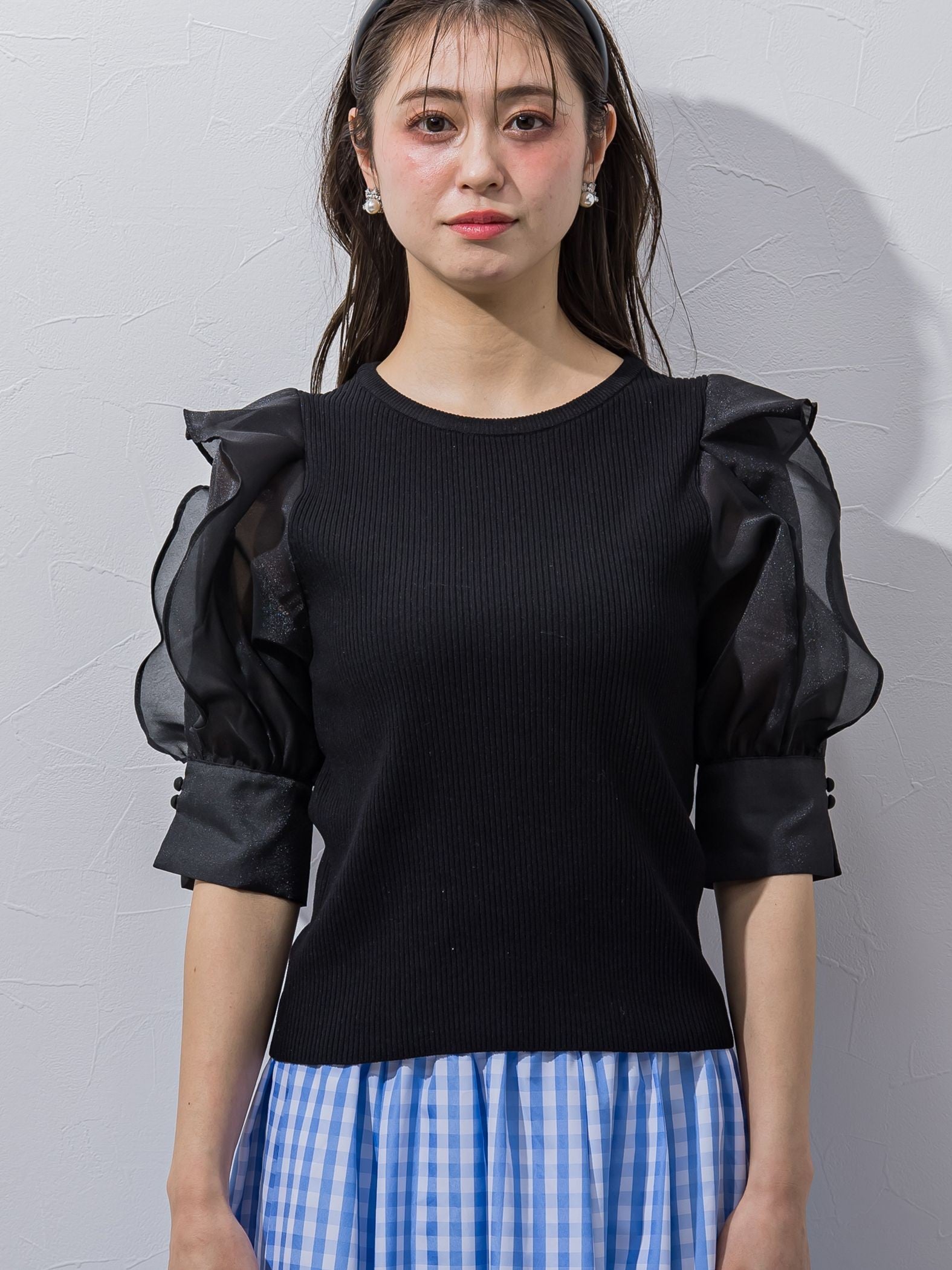 オーガンジー袖フリルプルオーバー≪接触冷感≫