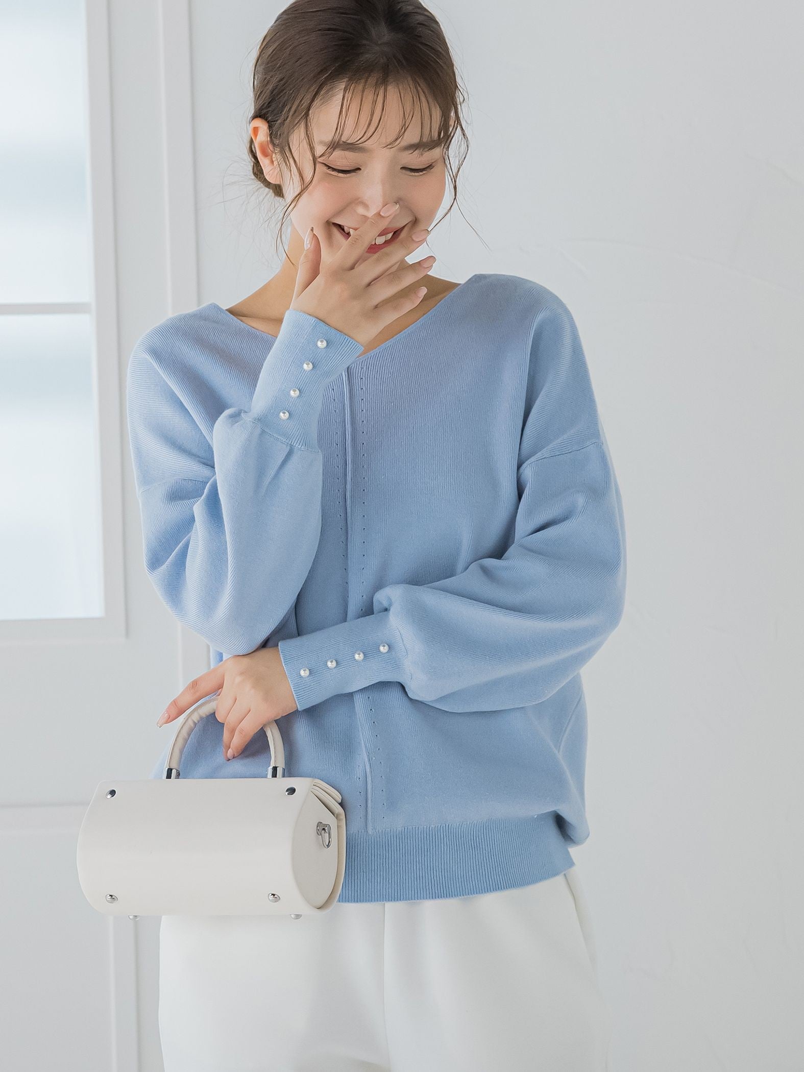 【定番人気アイテム新色登場】袖パールニット《手洗い可能》
