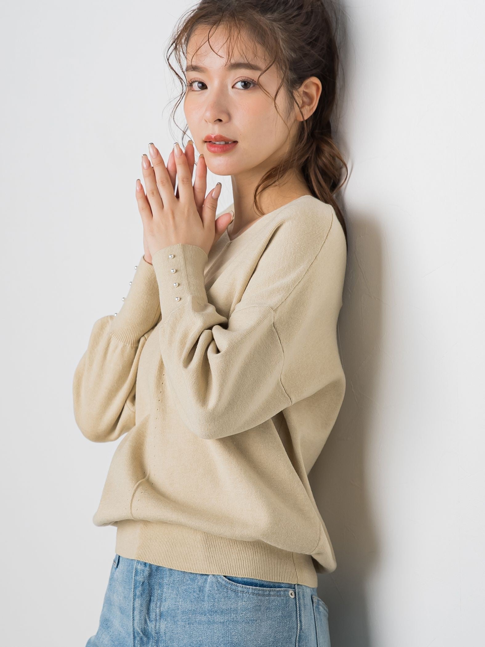 【定番人気アイテム新色登場】袖パールニット《手洗い可能》