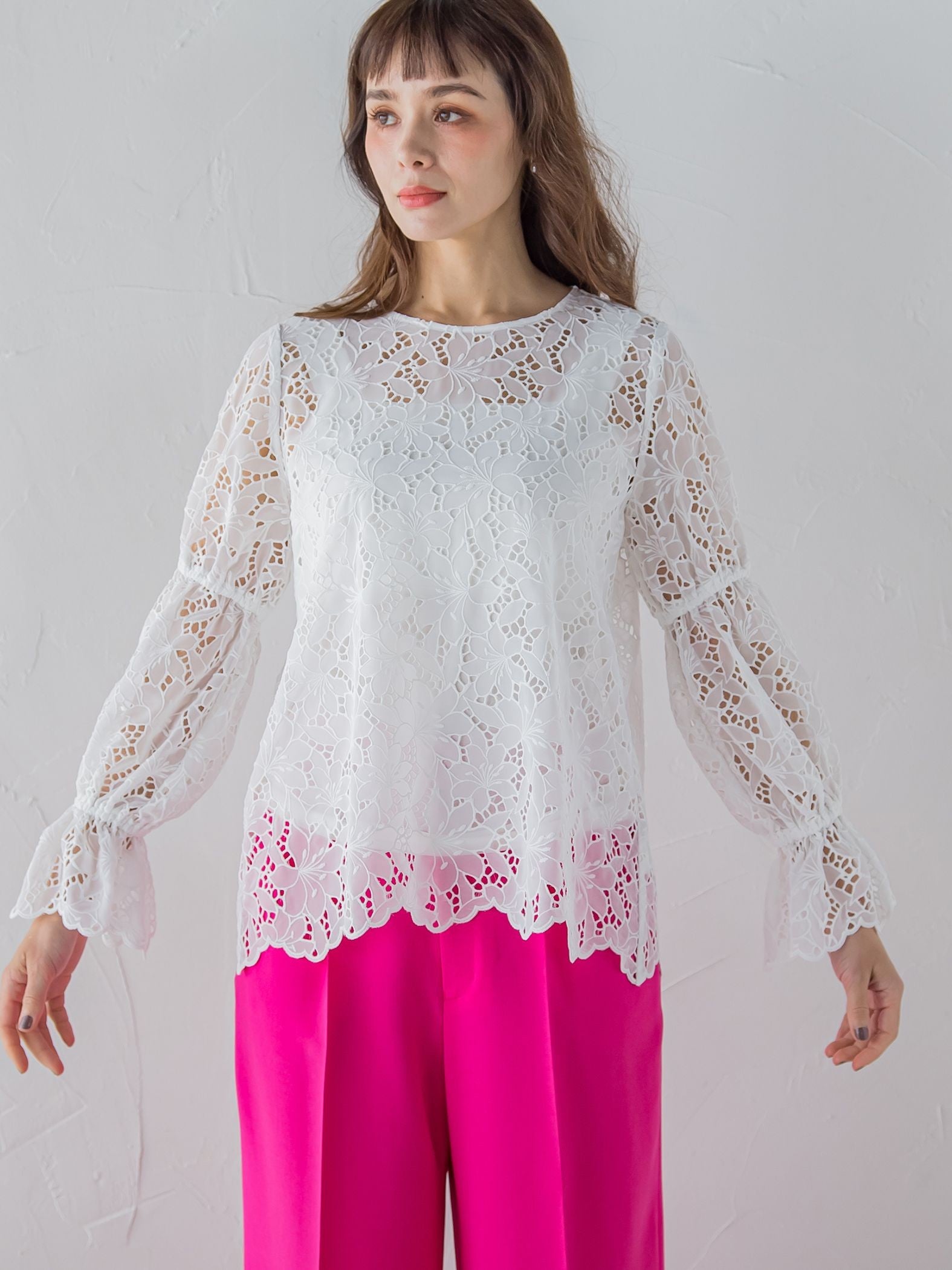 【WEB別注】シアー刺繍レースブラウス≪洗濯機で洗える≫