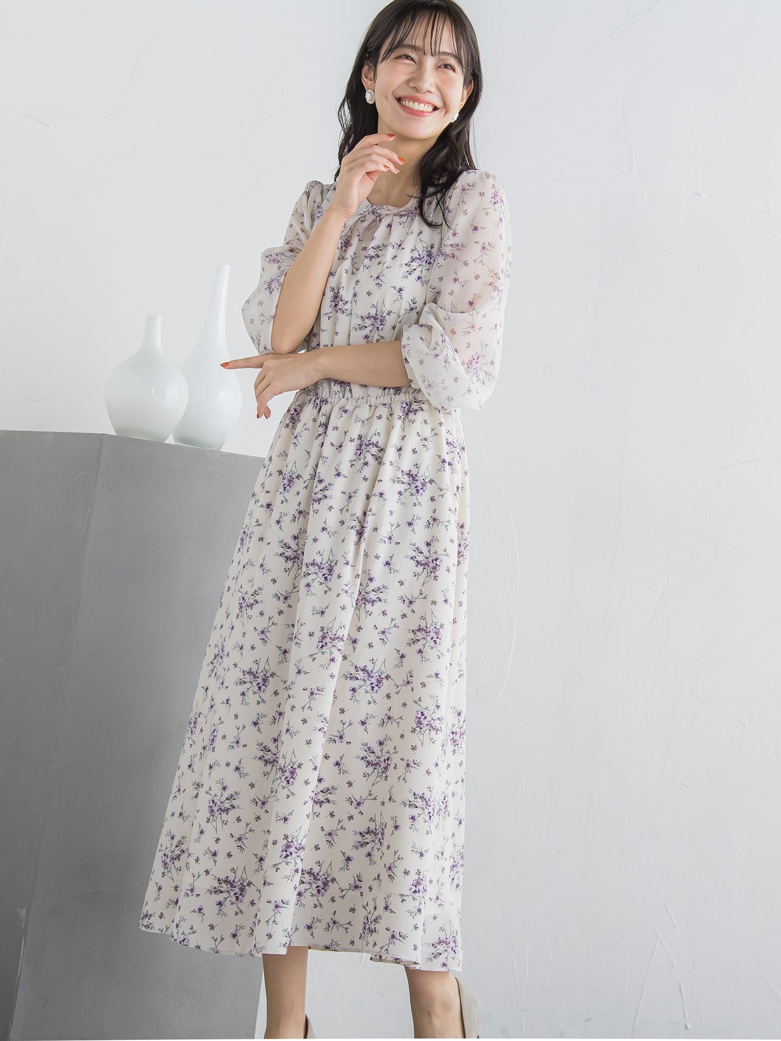 花柄シフォンワンピース ≪洗濯機で洗える≫