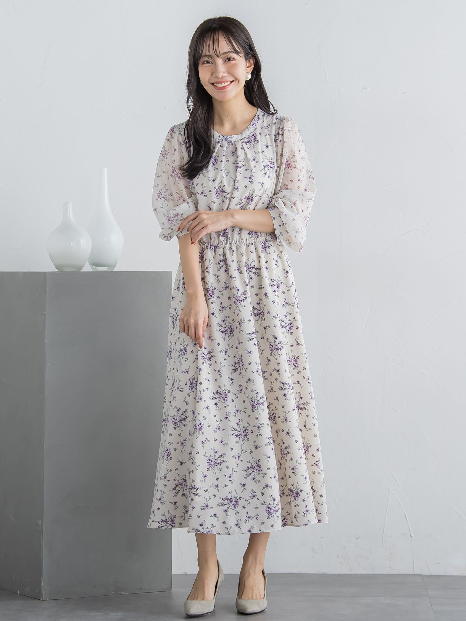 花柄シフォンワンピース ≪洗濯機で洗える≫