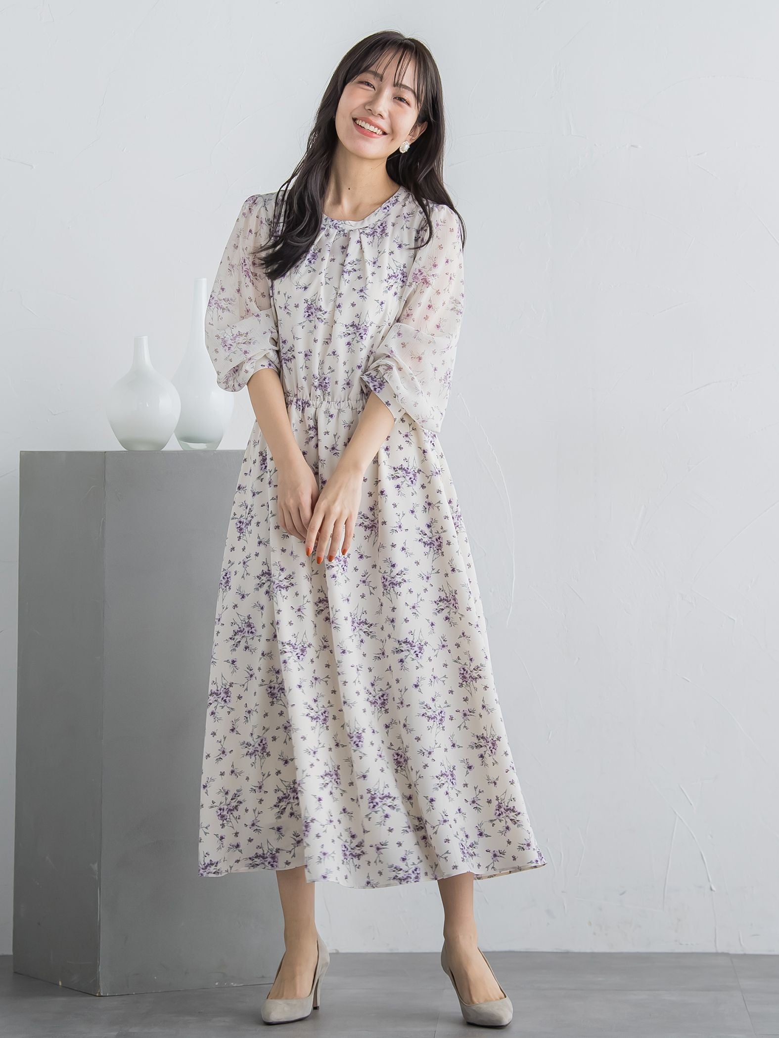 花柄シフォンワンピース ≪洗濯機で洗える≫