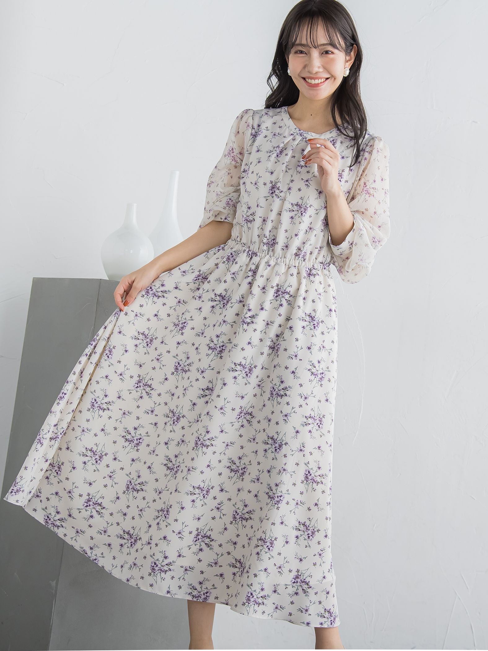 花柄シフォンワンピース ≪洗濯機で洗える≫