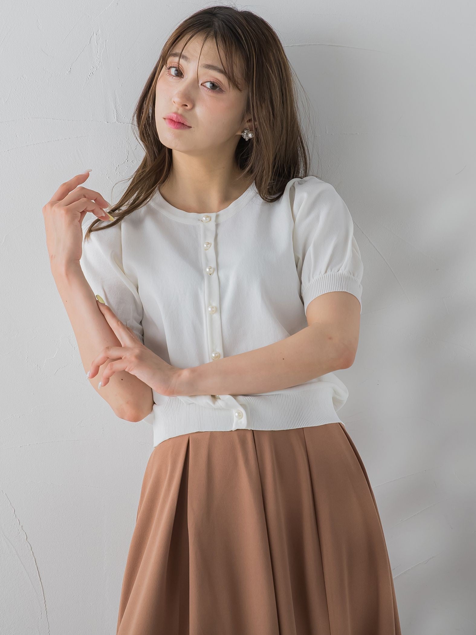 パールボタン袖ぽわんカーデ≪手洗い可能≫