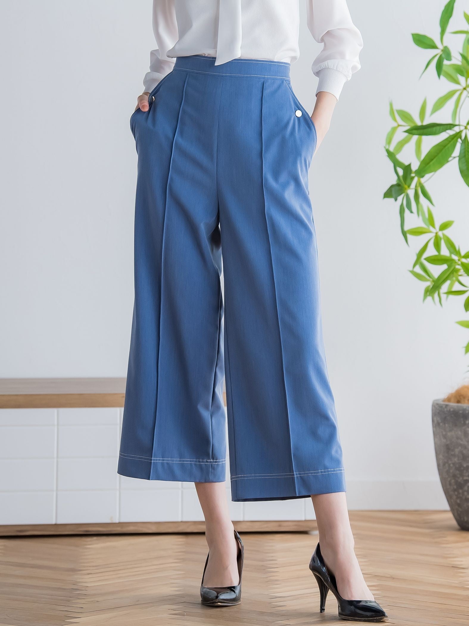 配色ステッチダンガリーストレートパンツ ≪洗濯機で洗える≫