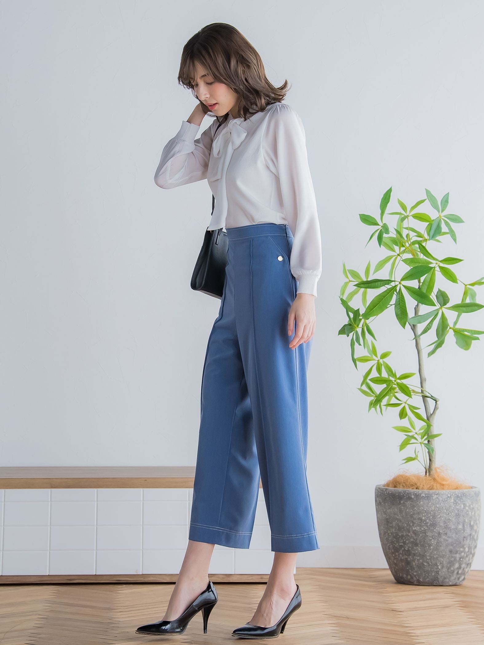 配色ステッチダンガリーストレートパンツ ≪洗濯機で洗える≫