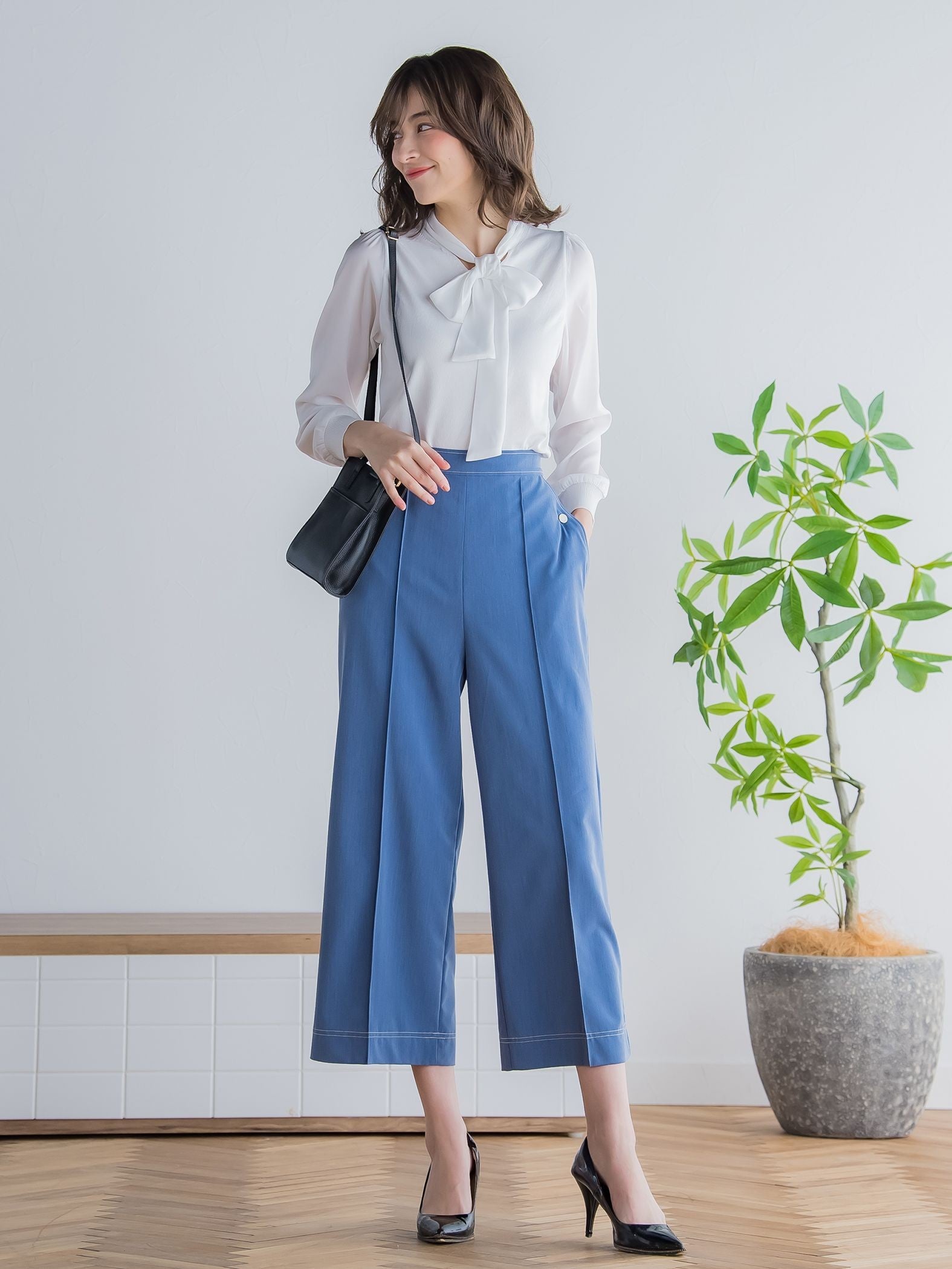 配色ステッチダンガリーストレートパンツ ≪洗濯機で洗える≫