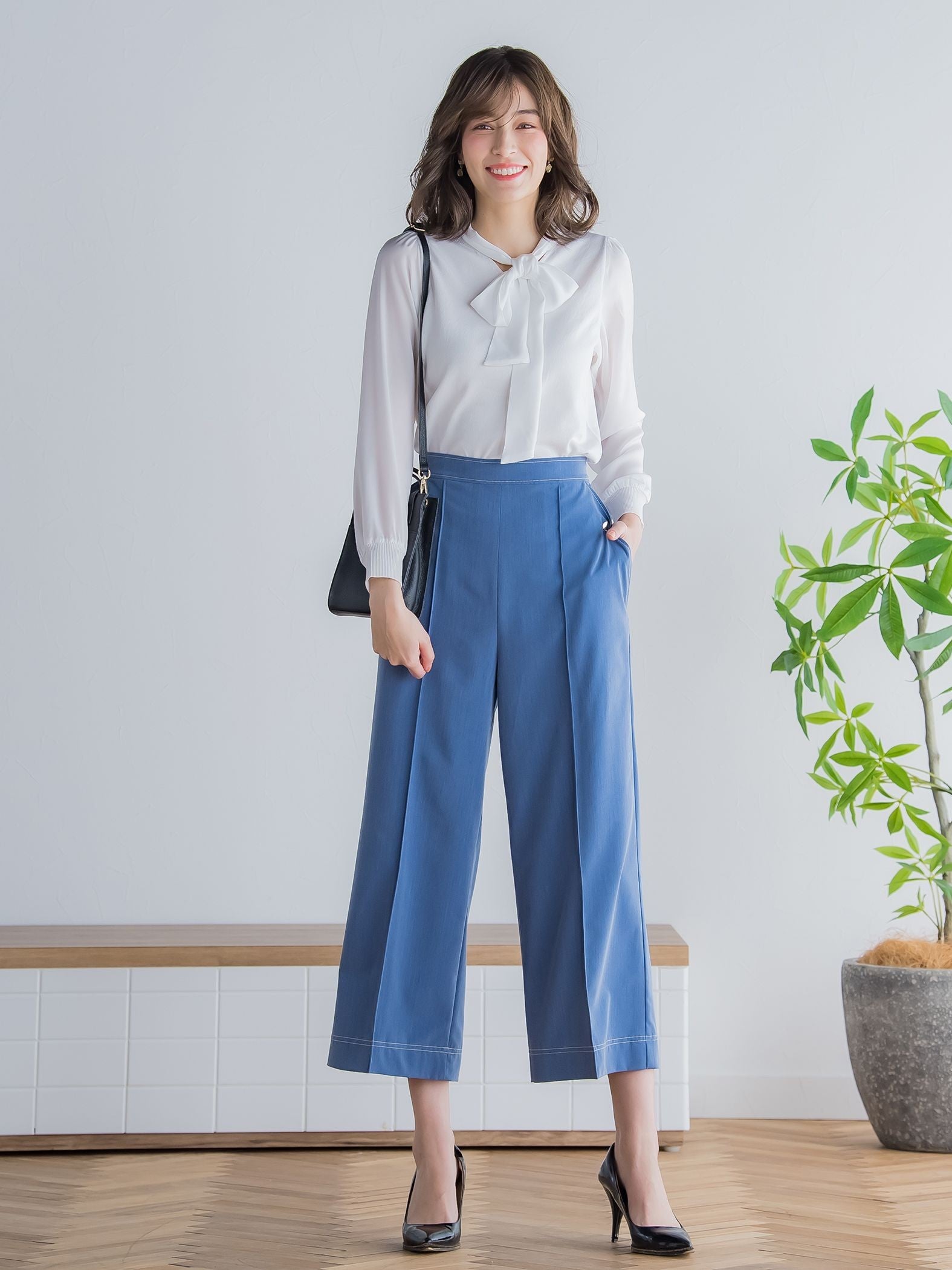 配色ステッチダンガリーストレートパンツ ≪洗濯機で洗える≫