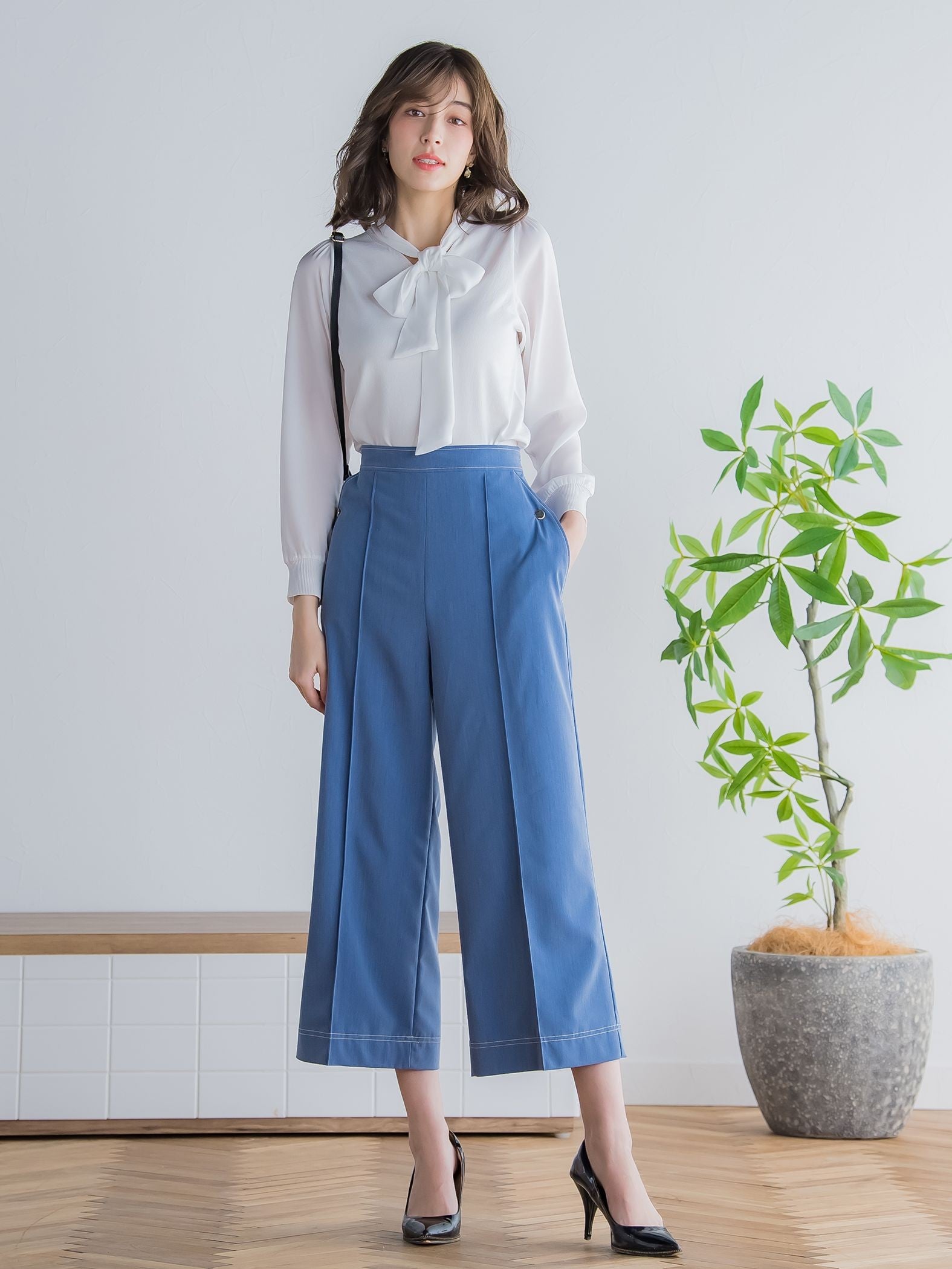 配色ステッチダンガリーストレートパンツ ≪洗濯機で洗える≫