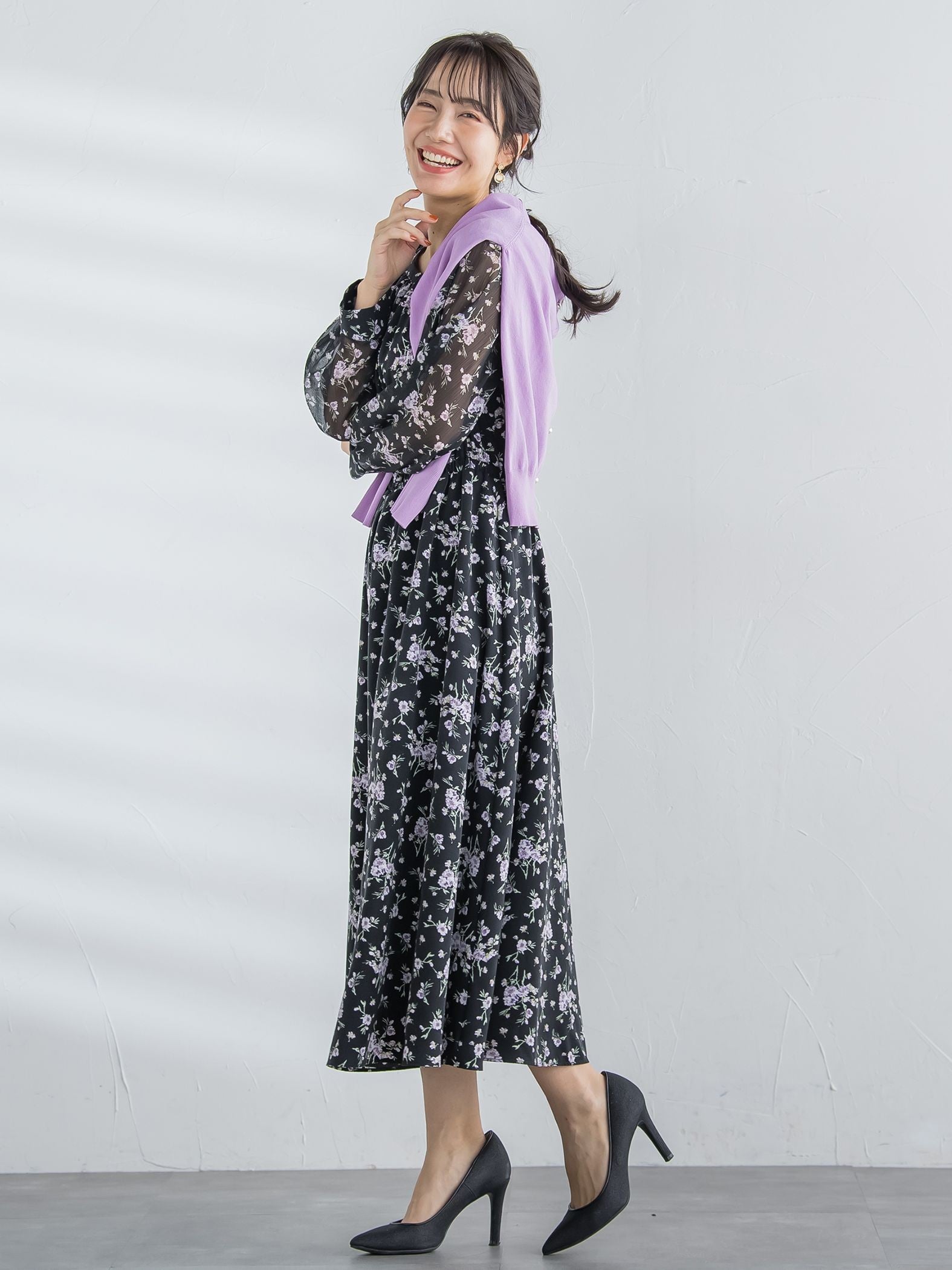 花柄シフォンワンピース ≪洗濯機で洗える≫