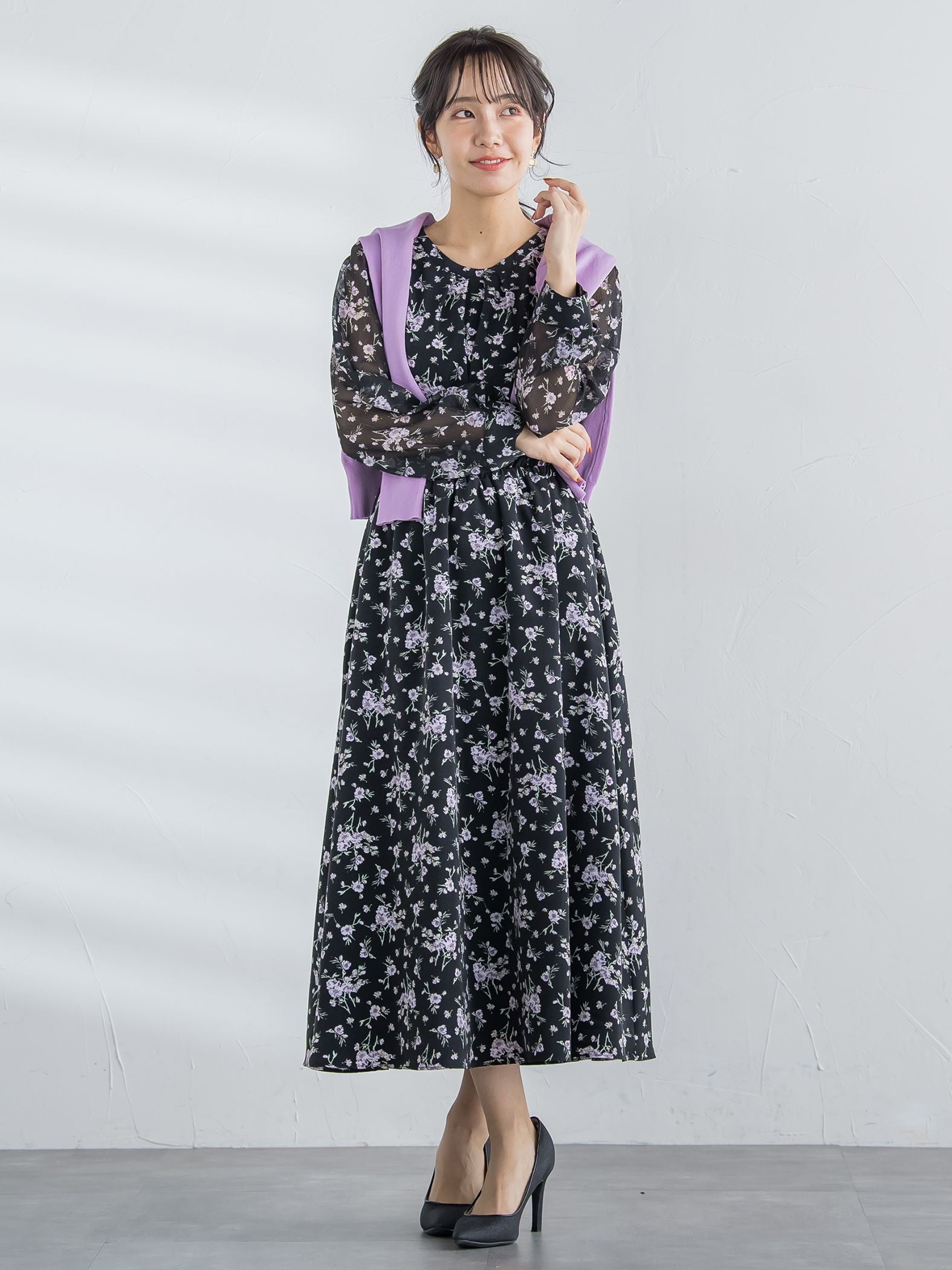 花柄シフォンワンピース ≪洗濯機で洗える≫