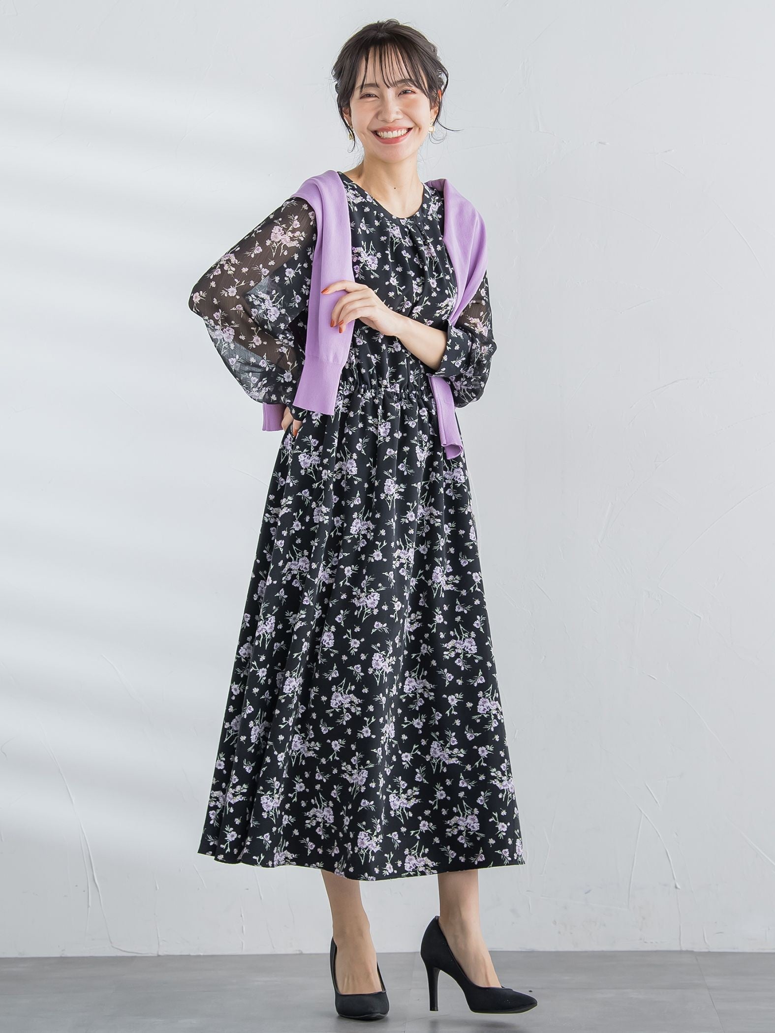 花柄シフォンワンピース ≪洗濯機で洗える≫