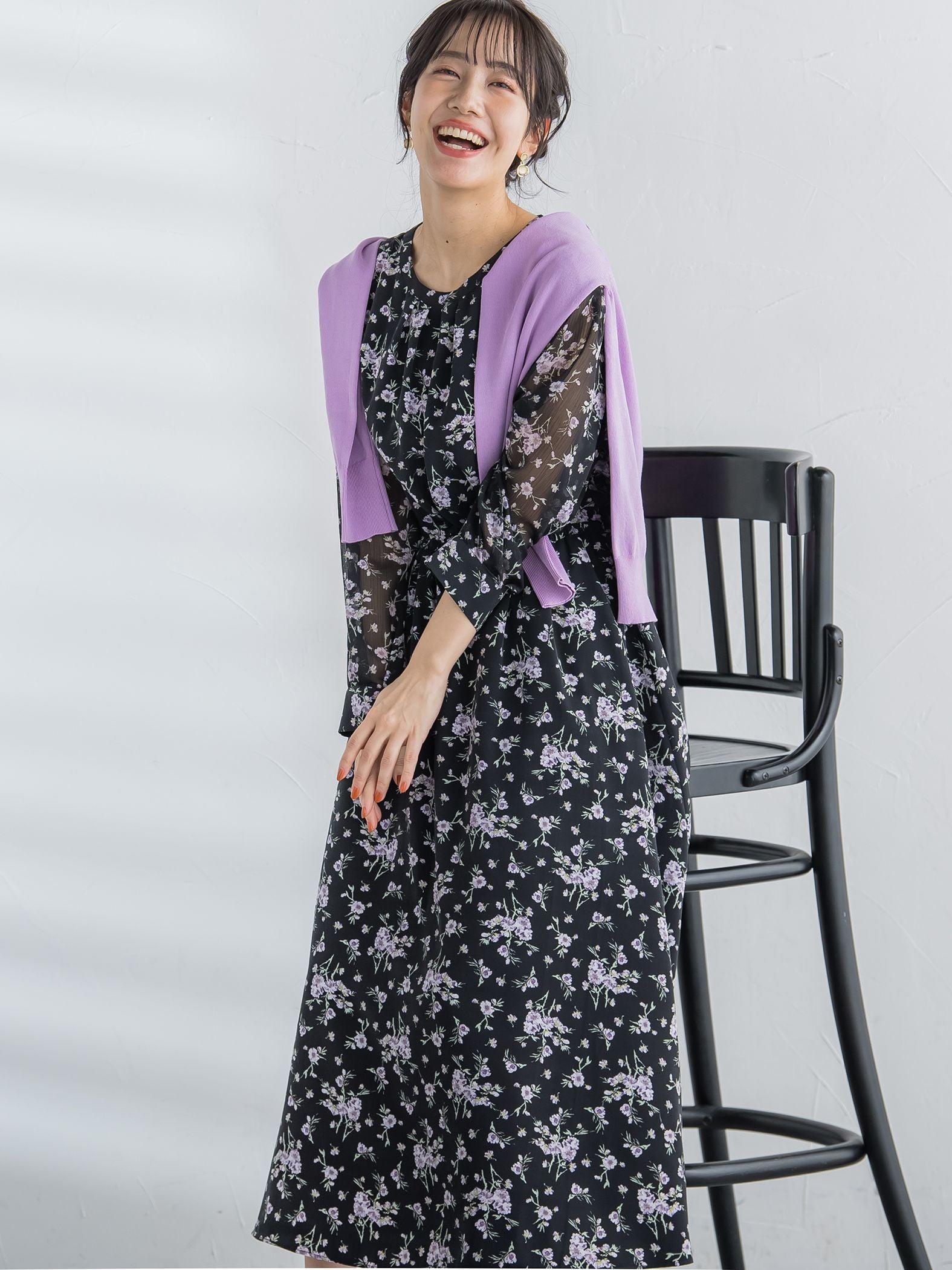 花柄シフォンワンピース ≪洗濯機で洗える≫