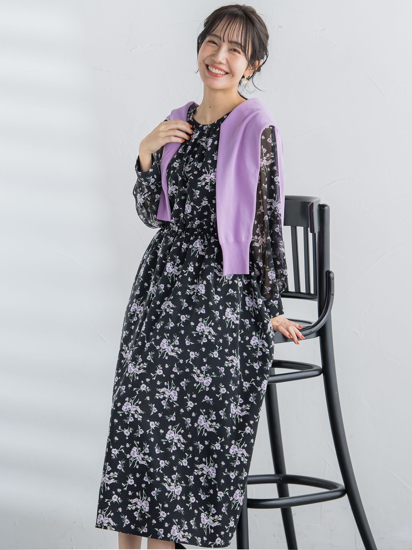 花柄シフォンワンピース ≪洗濯機で洗える≫