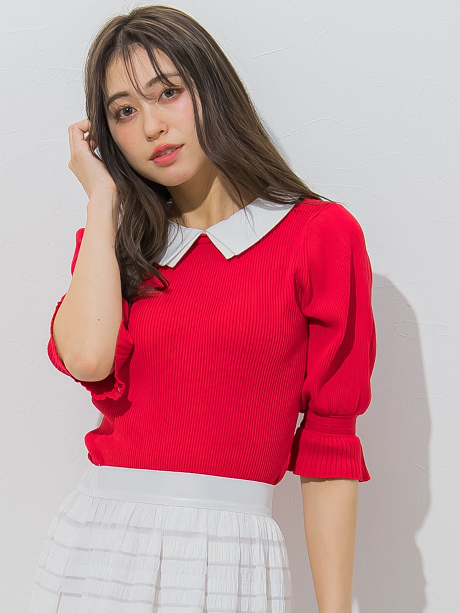 衿付きパフスリーブニット≪手洗い可能/接触冷感≫