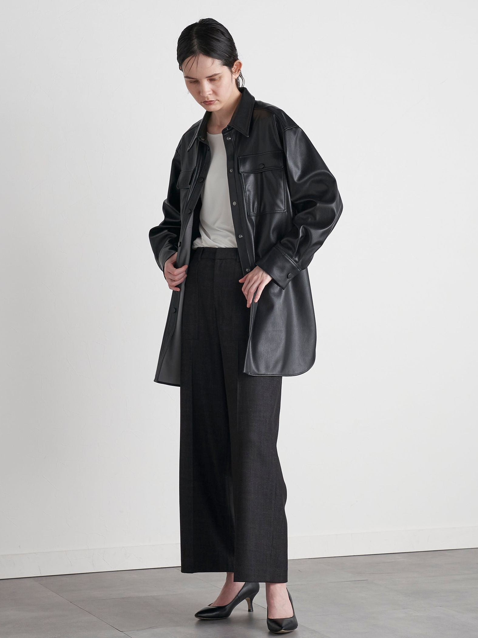 【VEAGAN LEATHER】オーバーサイズレザーCPOシャツジャケット≪サスティナブル≫