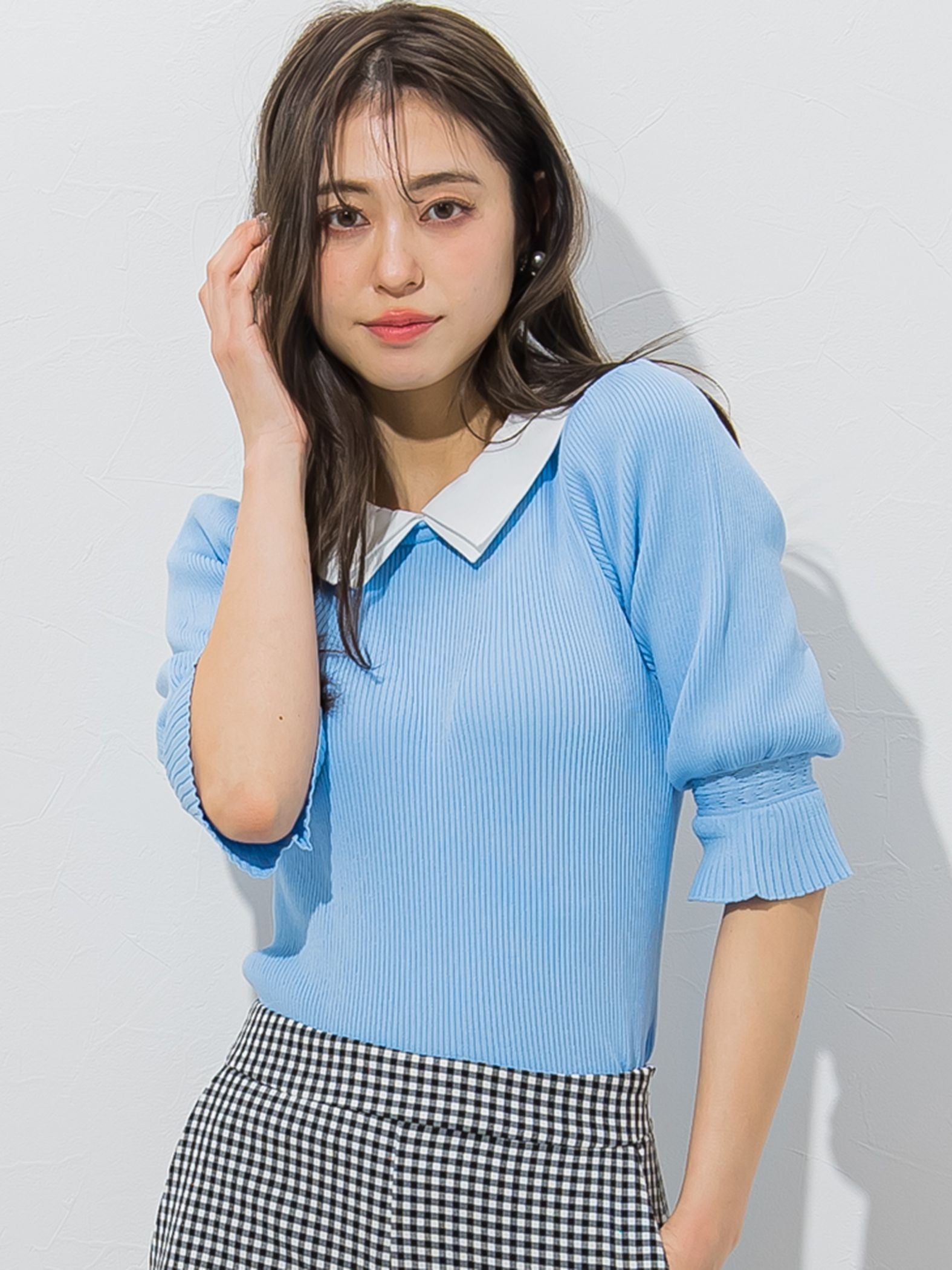 衿付きパフスリーブニット≪手洗い可能/接触冷感≫