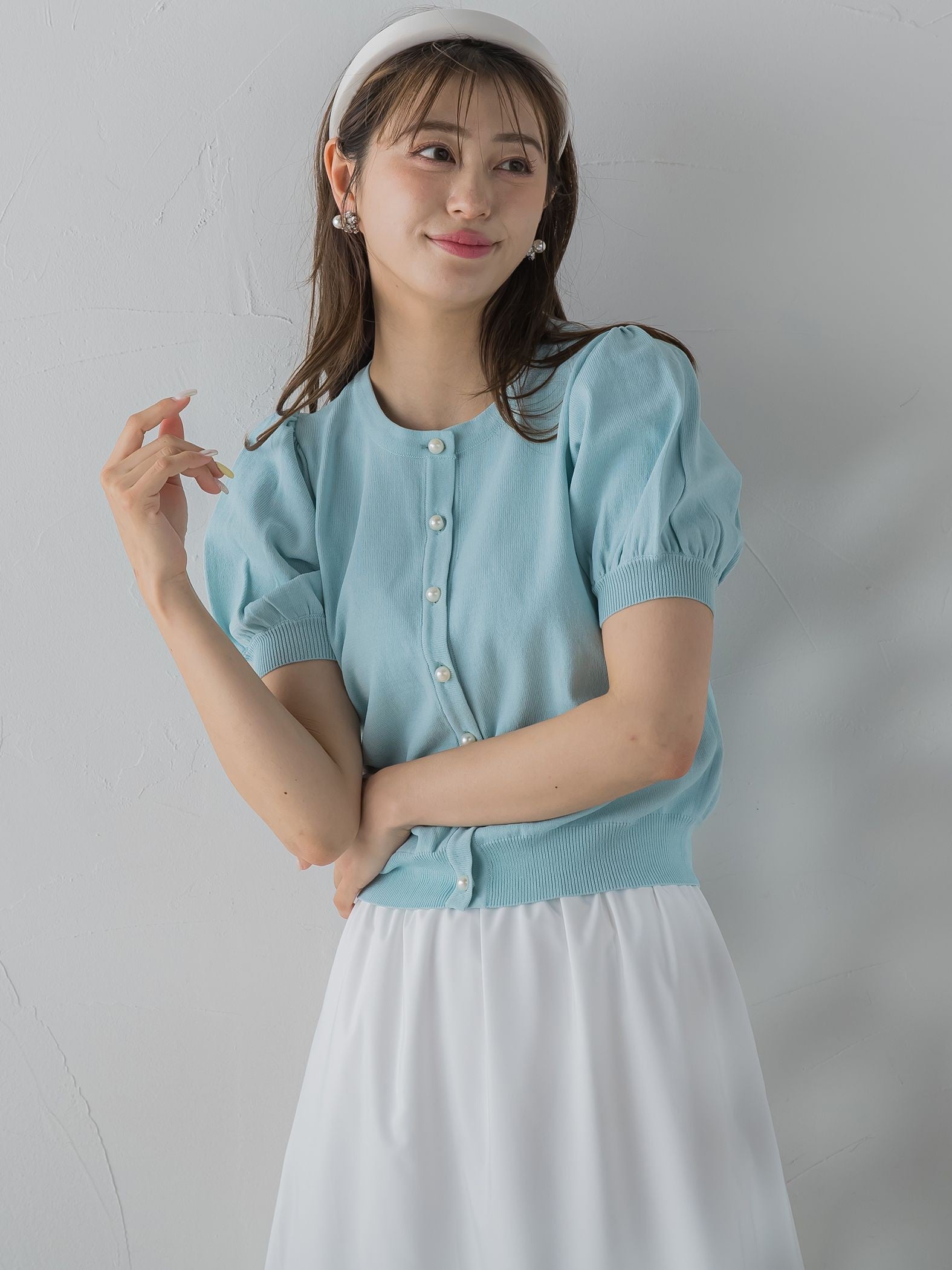 パールボタン袖ぽわんカーデ≪手洗い可能≫