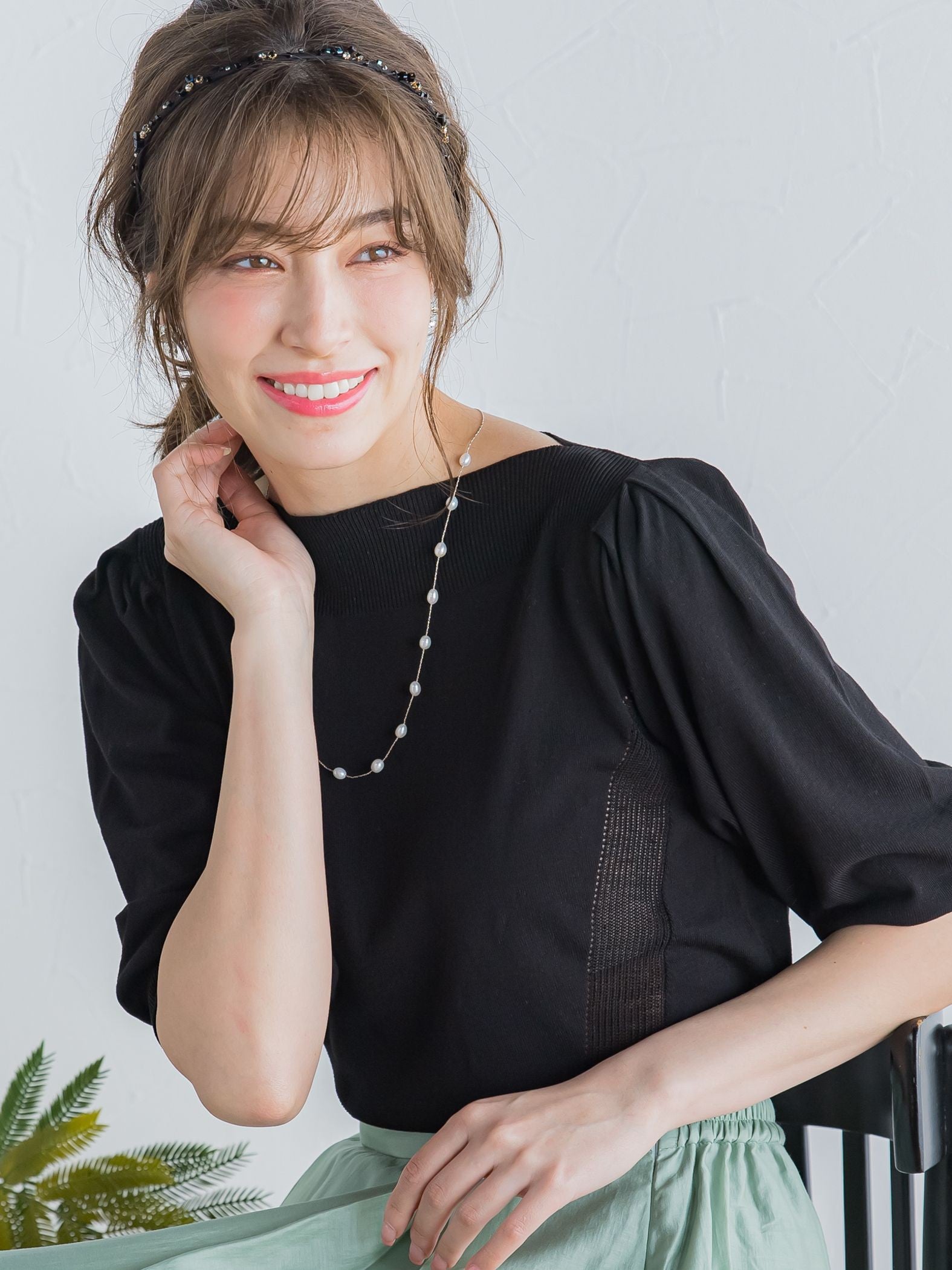淡水パール付きロングネックレス