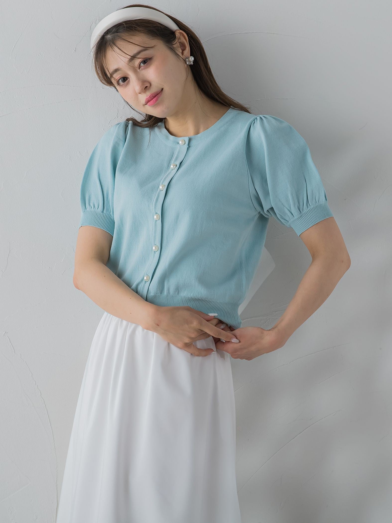 パールボタン袖ぽわんカーデ≪手洗い可能≫