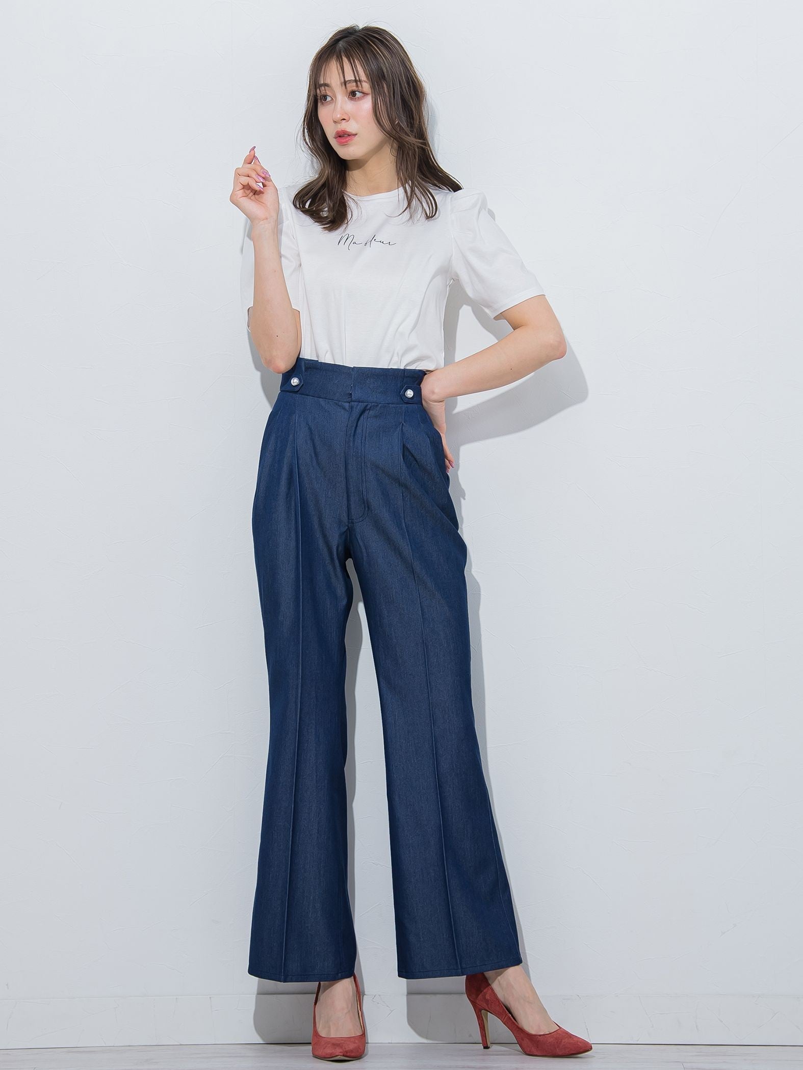 裾フレアストレッチデニムパンツ≪洗濯機で洗える≫