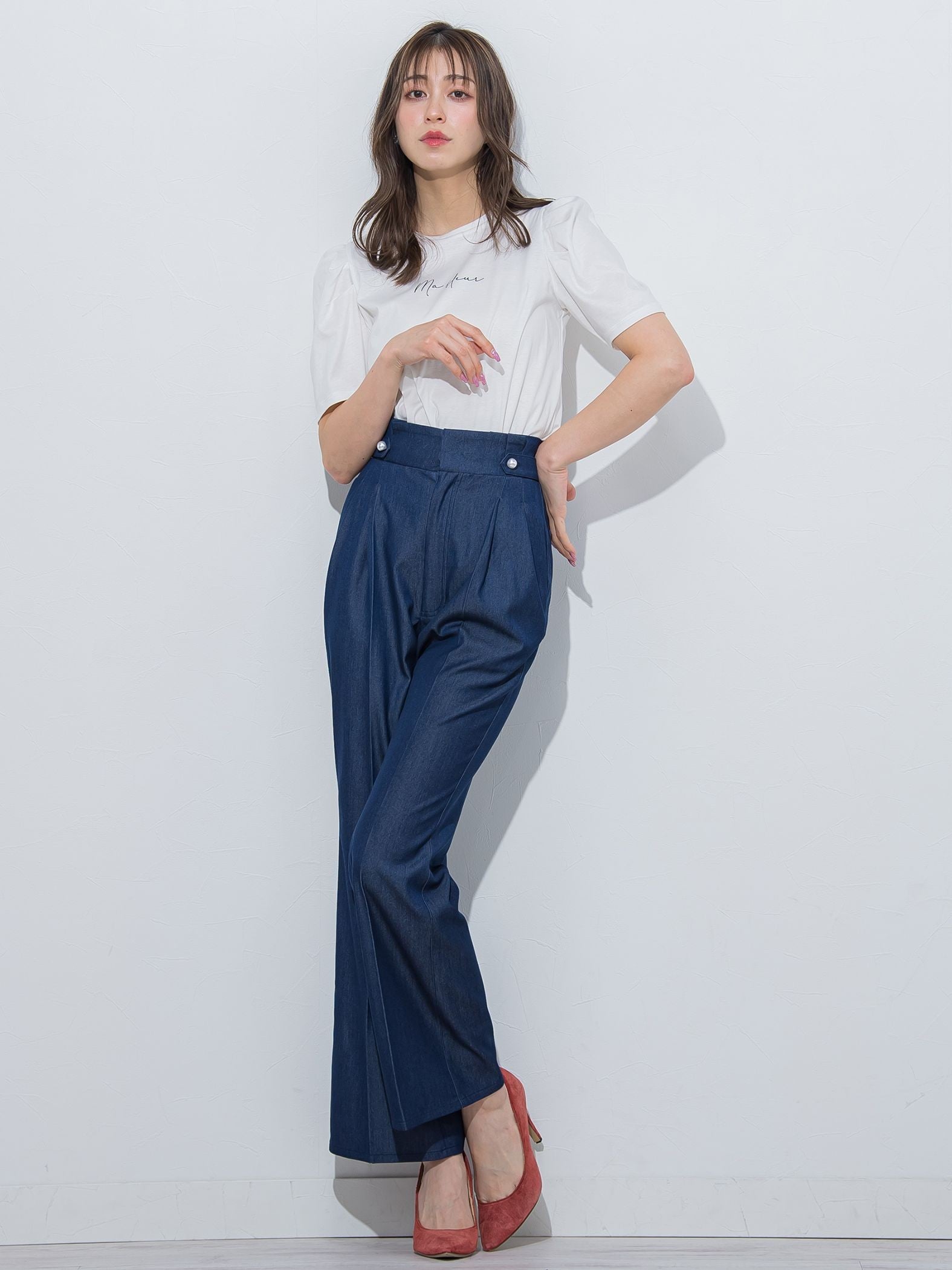 裾フレアストレッチデニムパンツ≪洗濯機で洗える≫