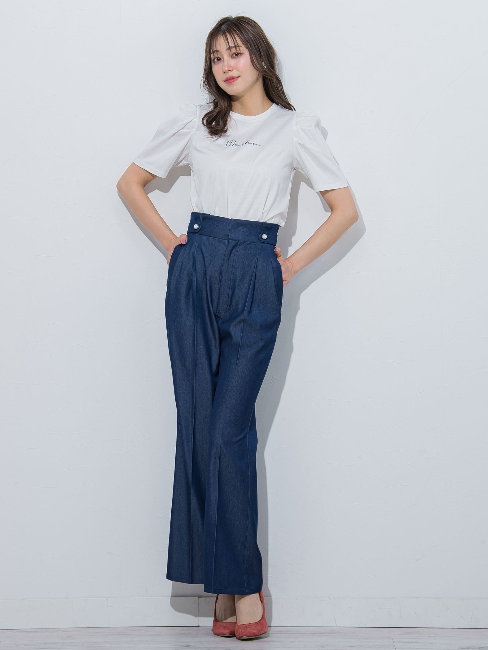 裾フレアストレッチデニムパンツ≪洗濯機で洗える≫