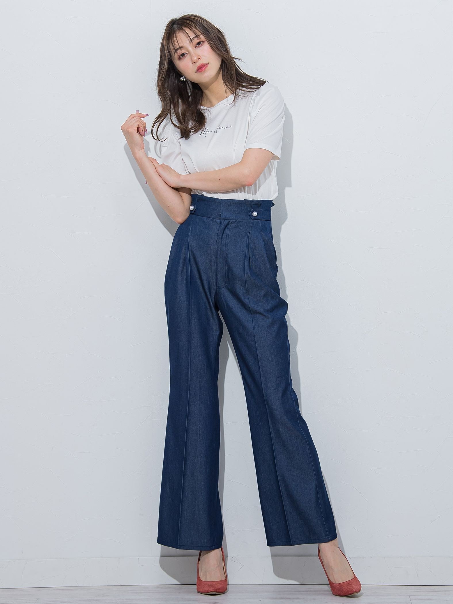 裾フレアストレッチデニムパンツ≪洗濯機で洗える≫