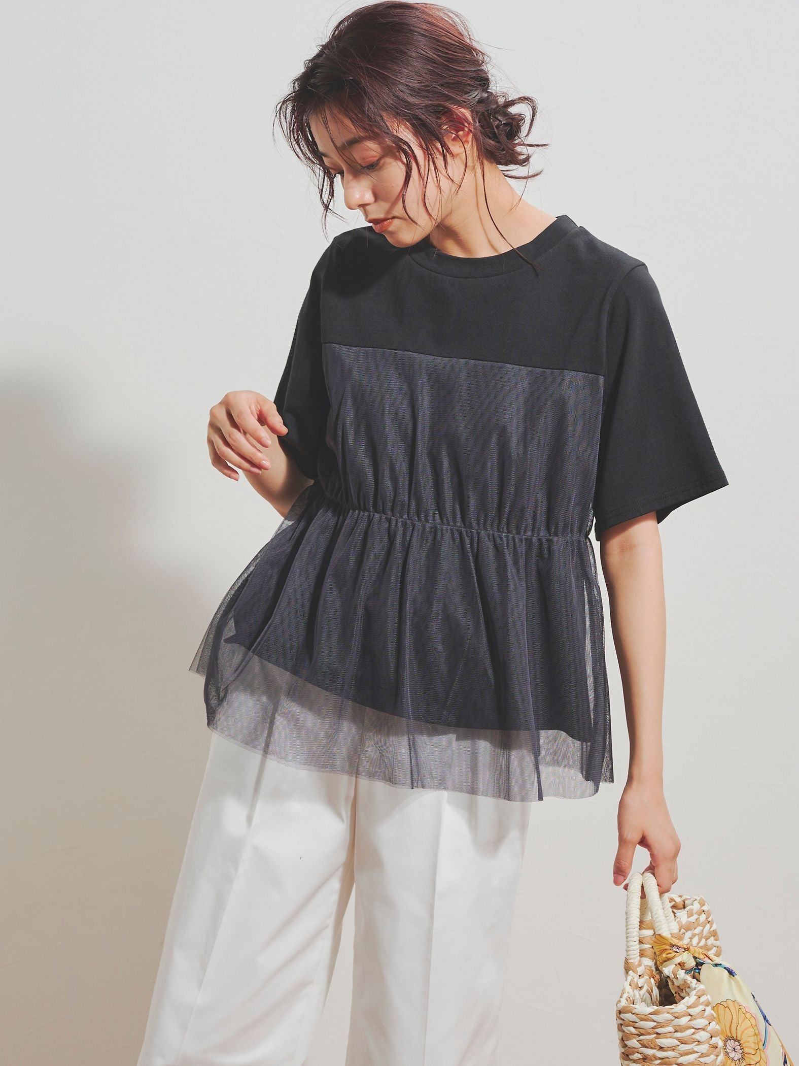 チュールレイヤード風カットソー ≪手洗い可能≫
