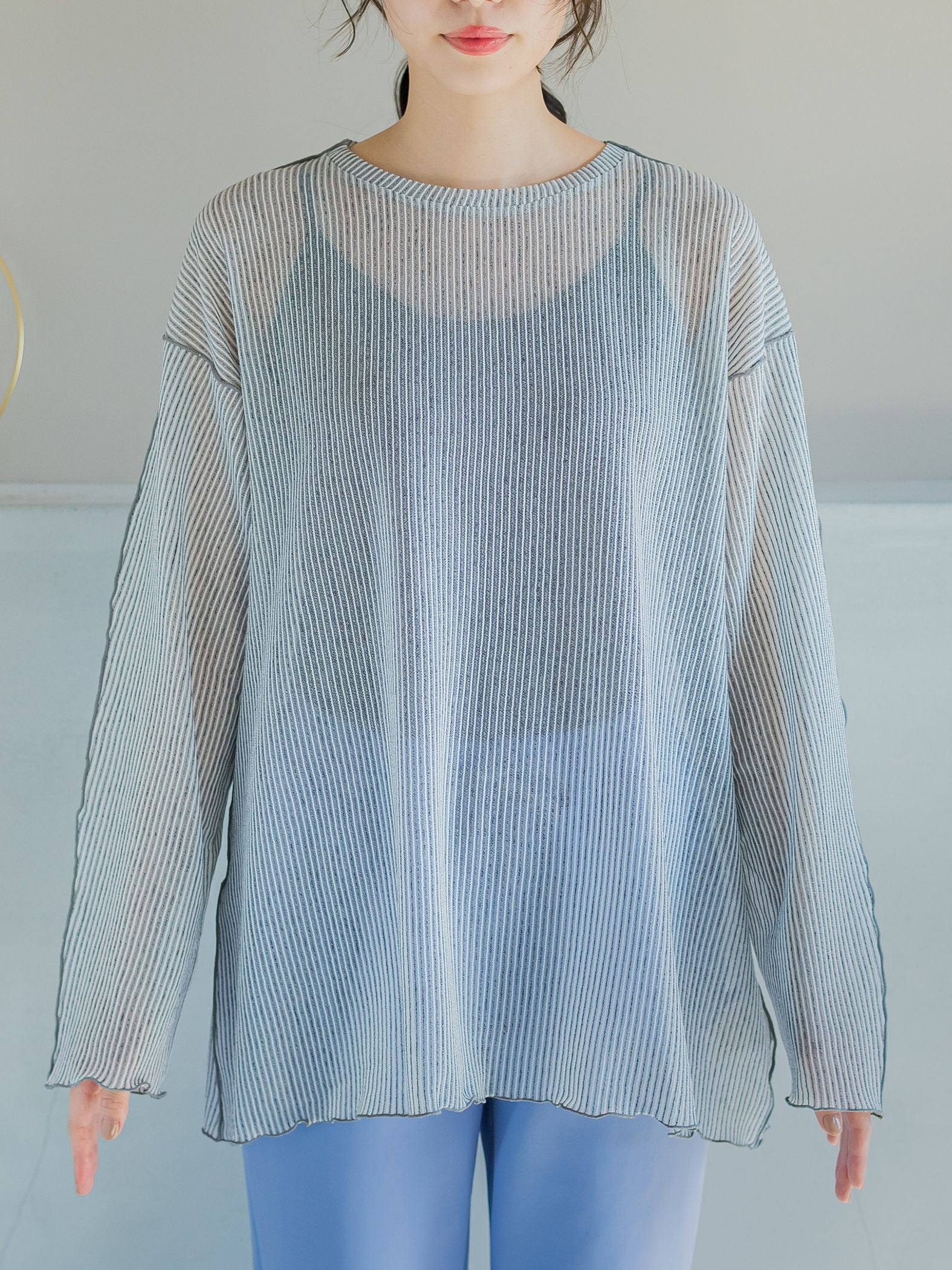 【コーディネートにこなれ感をプラス】ストライプシアーTシャツ《手洗い可能》
